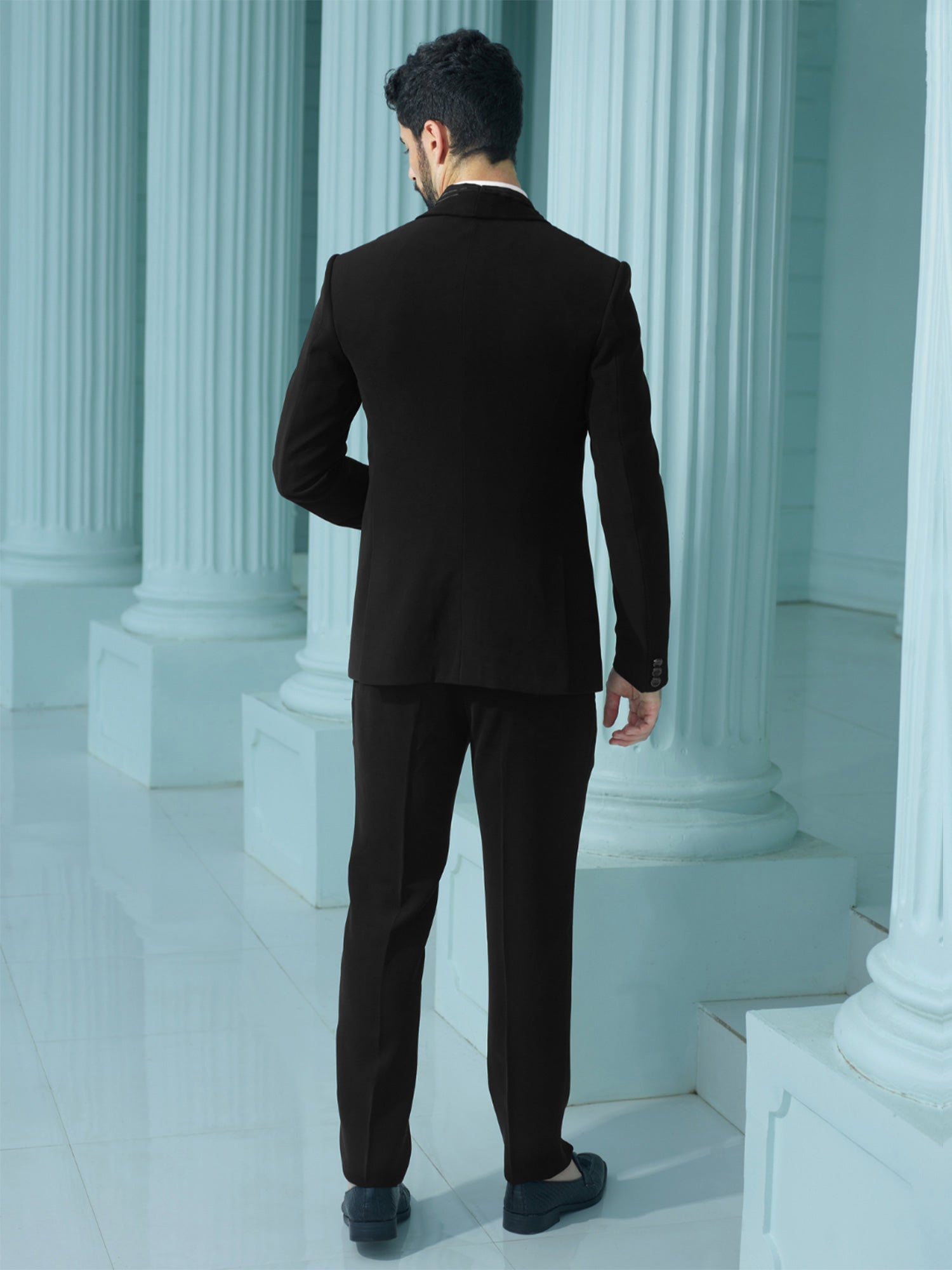 Black Mens Metallic Stip Enhanced Three Piece Tuxedo Suit
