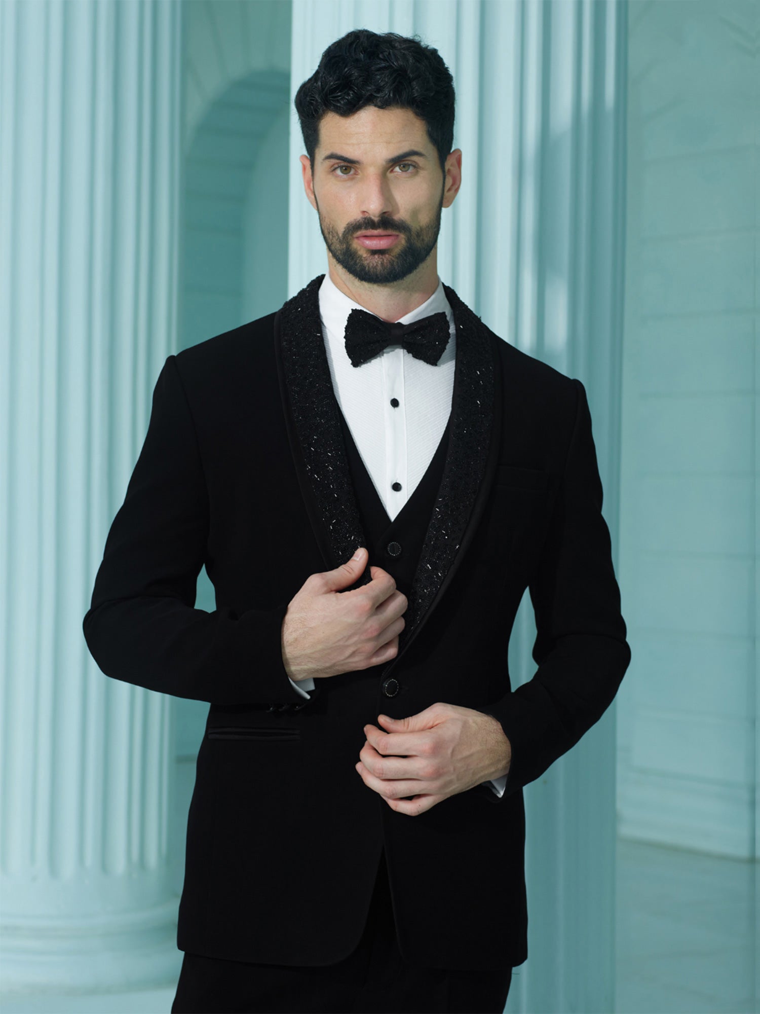 Black Cutdana Enhanced Three Piece Tuxedo Suit For Mens