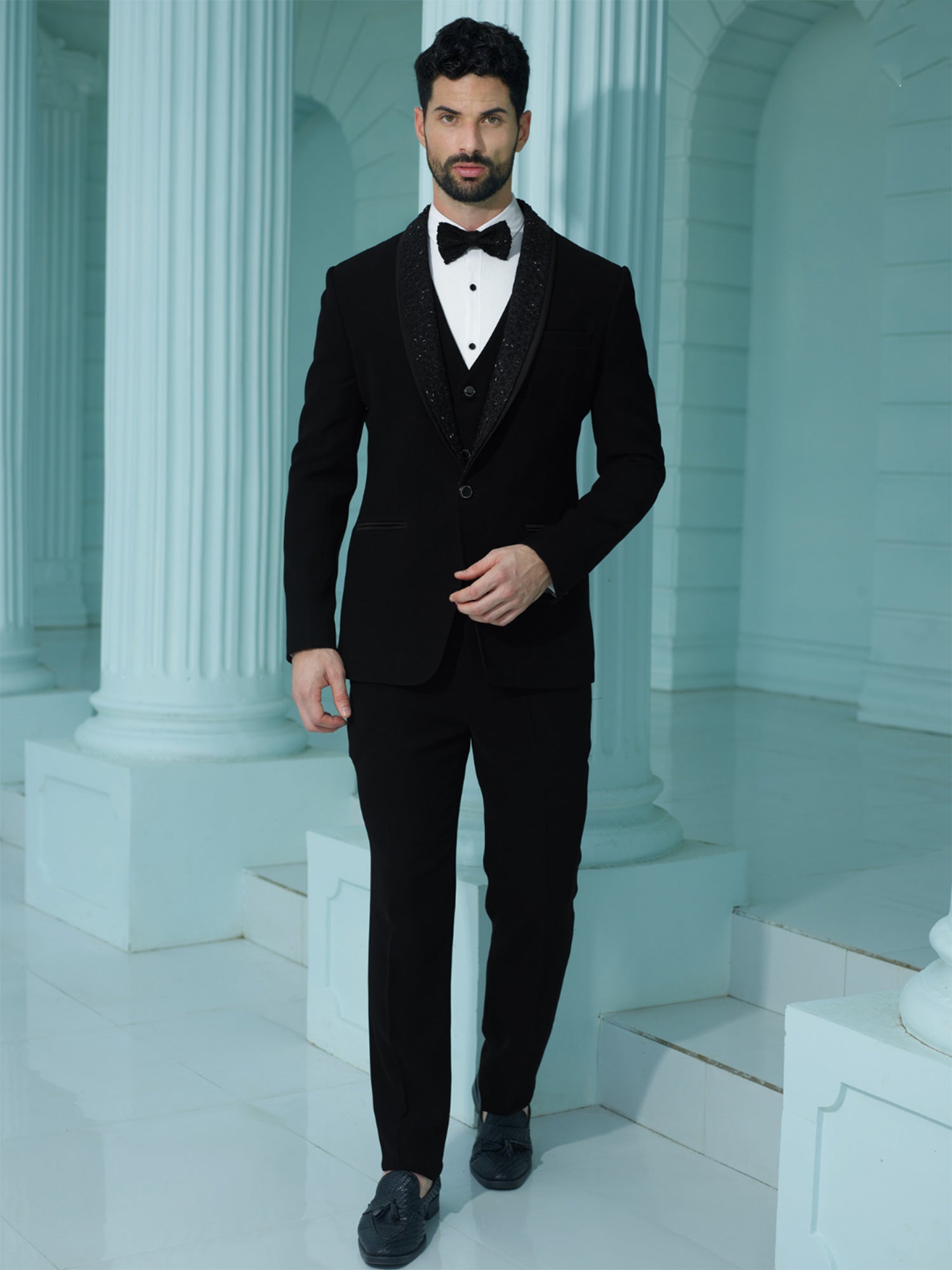 Black Cutdana Enhanced Three Piece Tuxedo Suit For Mens