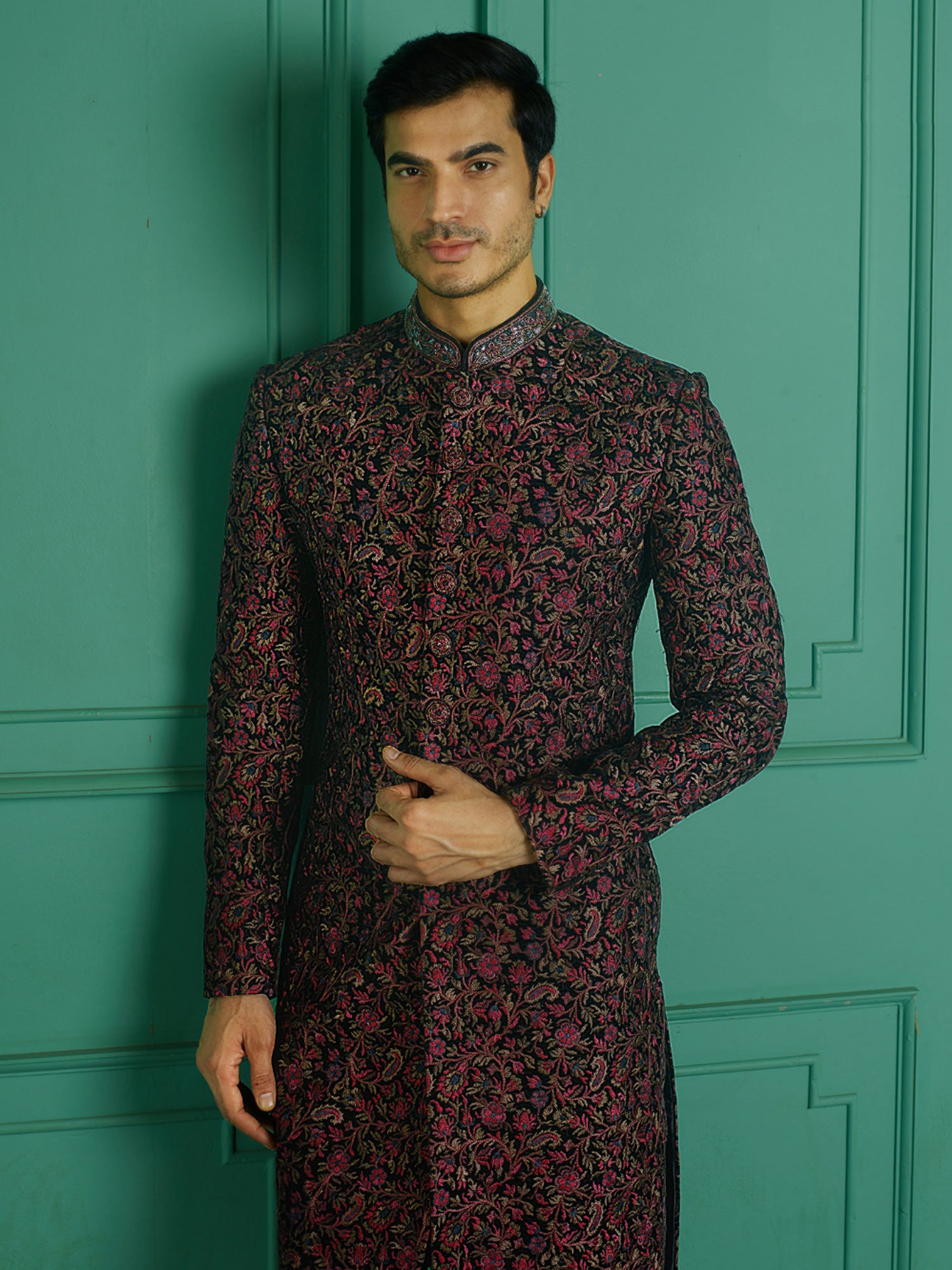 Black Resham Embroidered Bandhgala Style Mens Indowestern Set