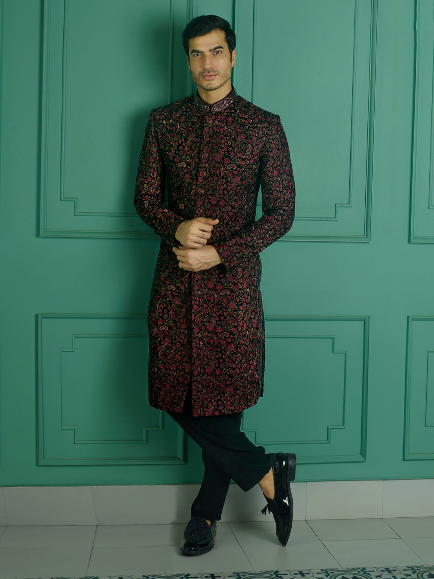 Black Resham Embroidered Bandhgala Style Mens Indowestern Set