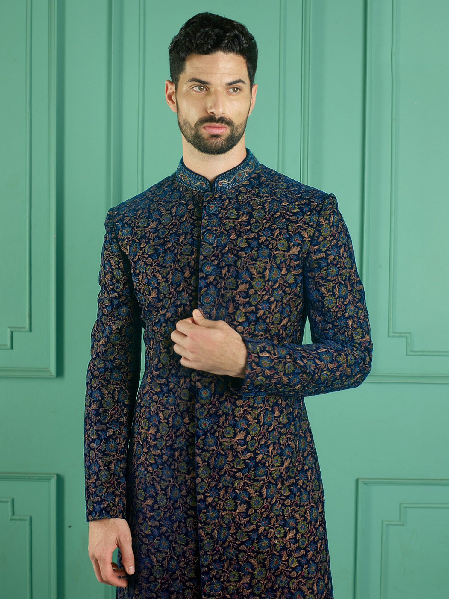 Deep Blue Floral Resham Embrodered Mens Achkan Style Indowestern Set