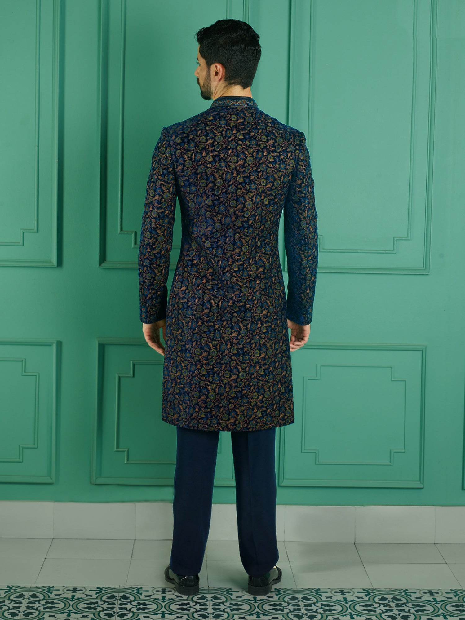 Deep Blue Floral Resham Embrodered Mens Achkan Style Indowestern Set