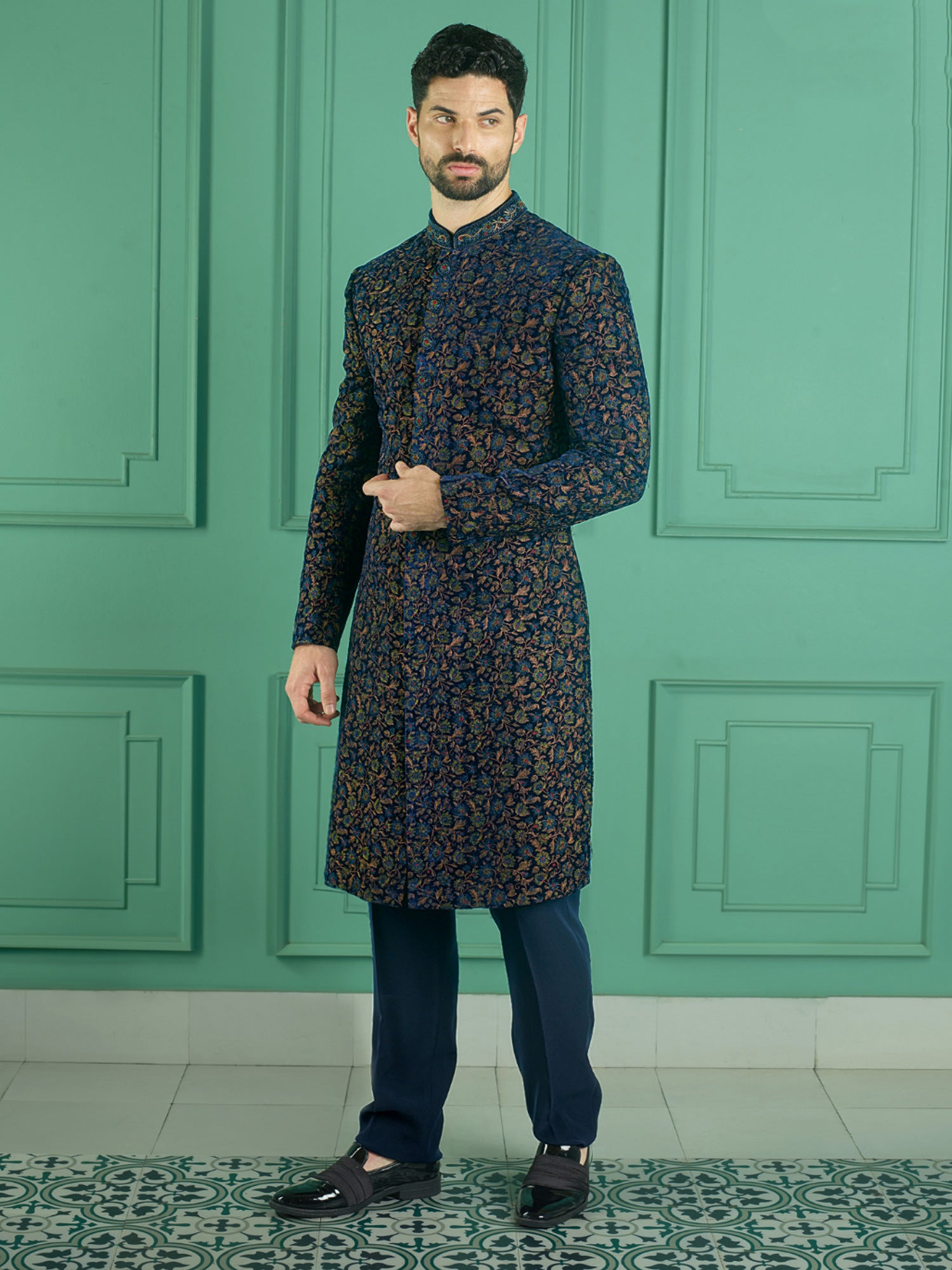 Deep Blue Floral Resham Embrodered Mens Achkan Style Indowestern Set