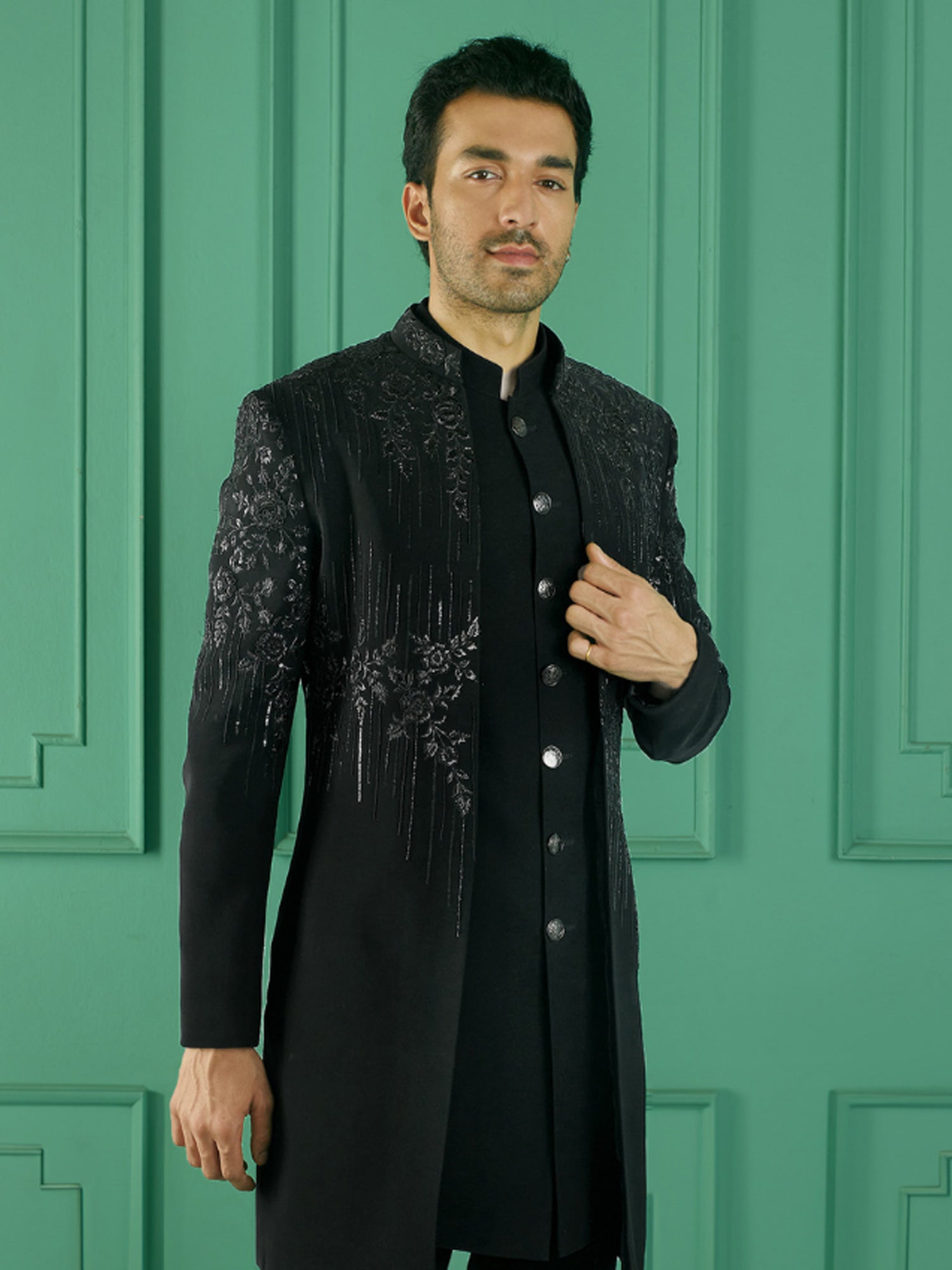 Black Floral Sequins Embroidered Jacketed Style Mens Indowestern Set
