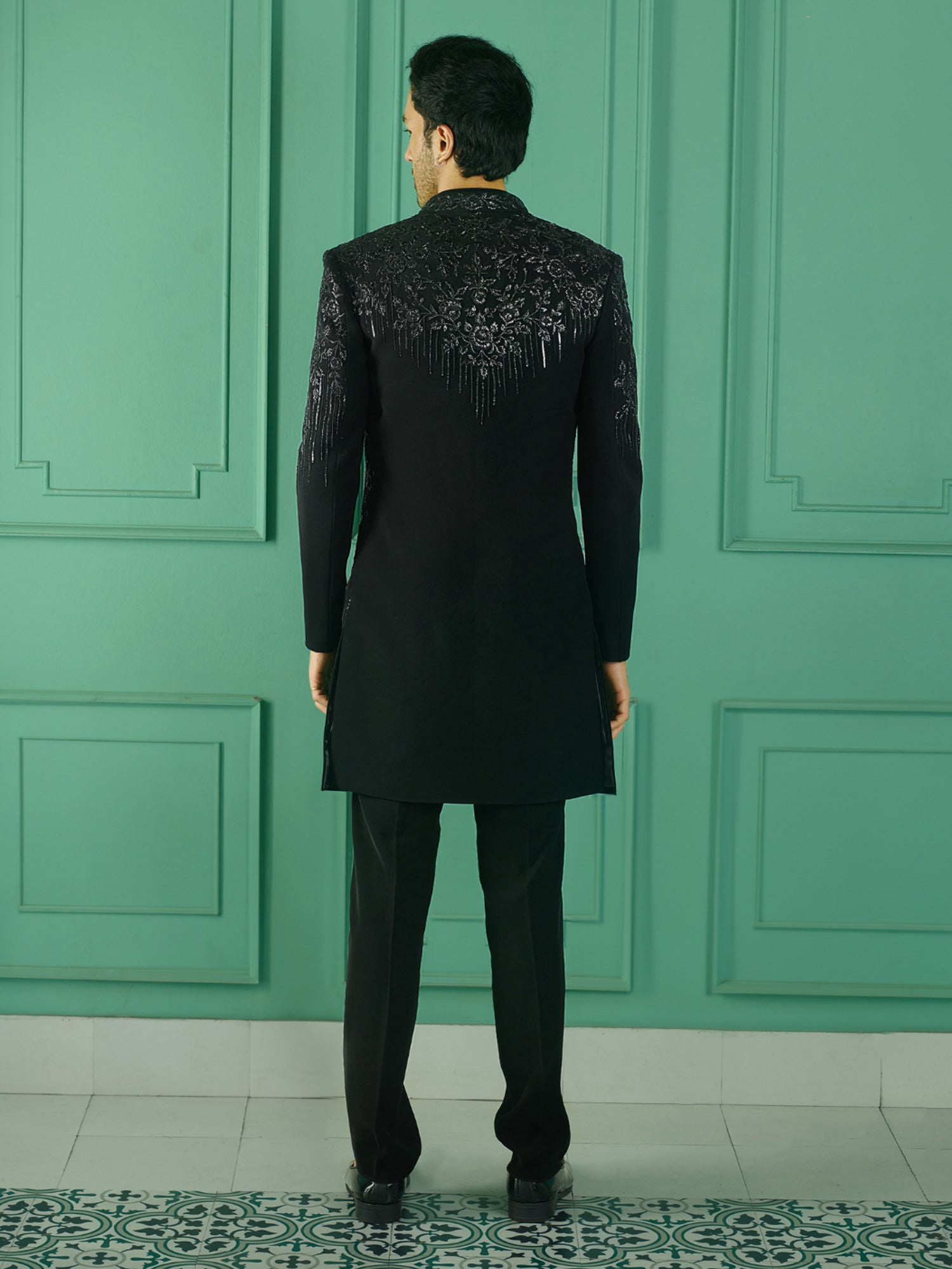 Black Floral Sequins Embroidered Jacketed Style Mens Indowestern Set