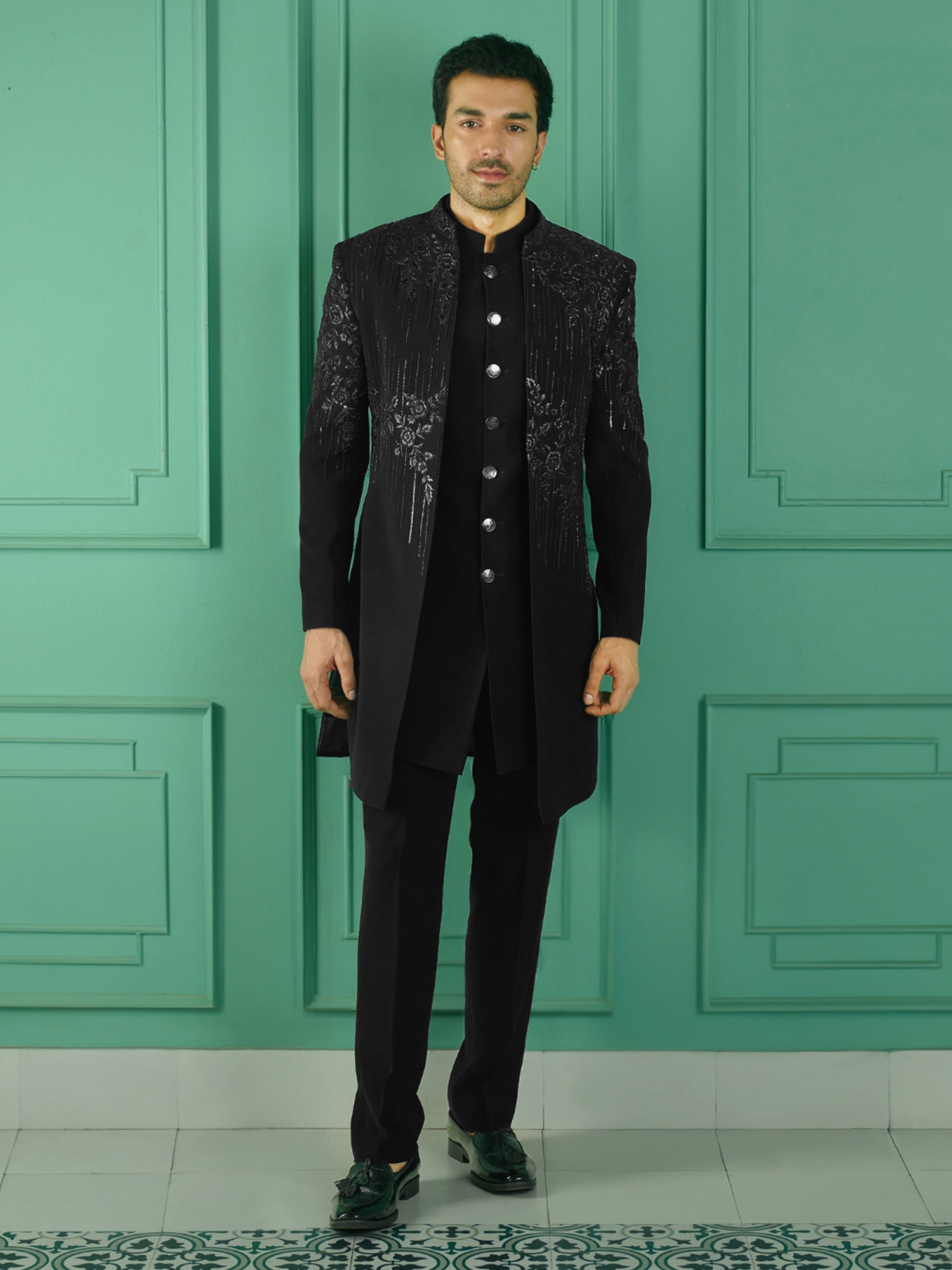 Black Floral Sequins Embroidered Jacketed Style Mens Indowestern Set