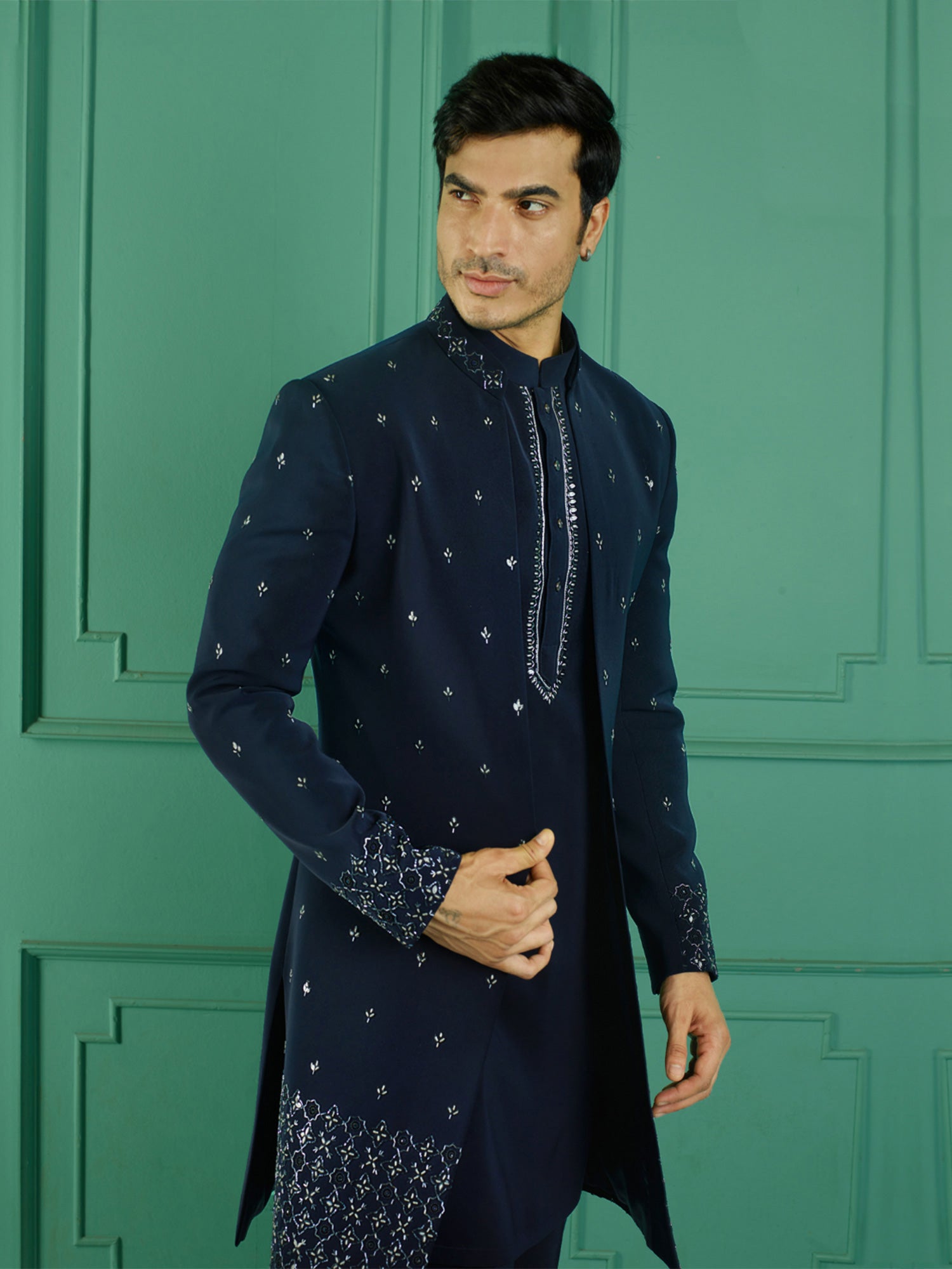 Navy Blue Thread Work Enhanced Mens Indowestern In Jacketed Style