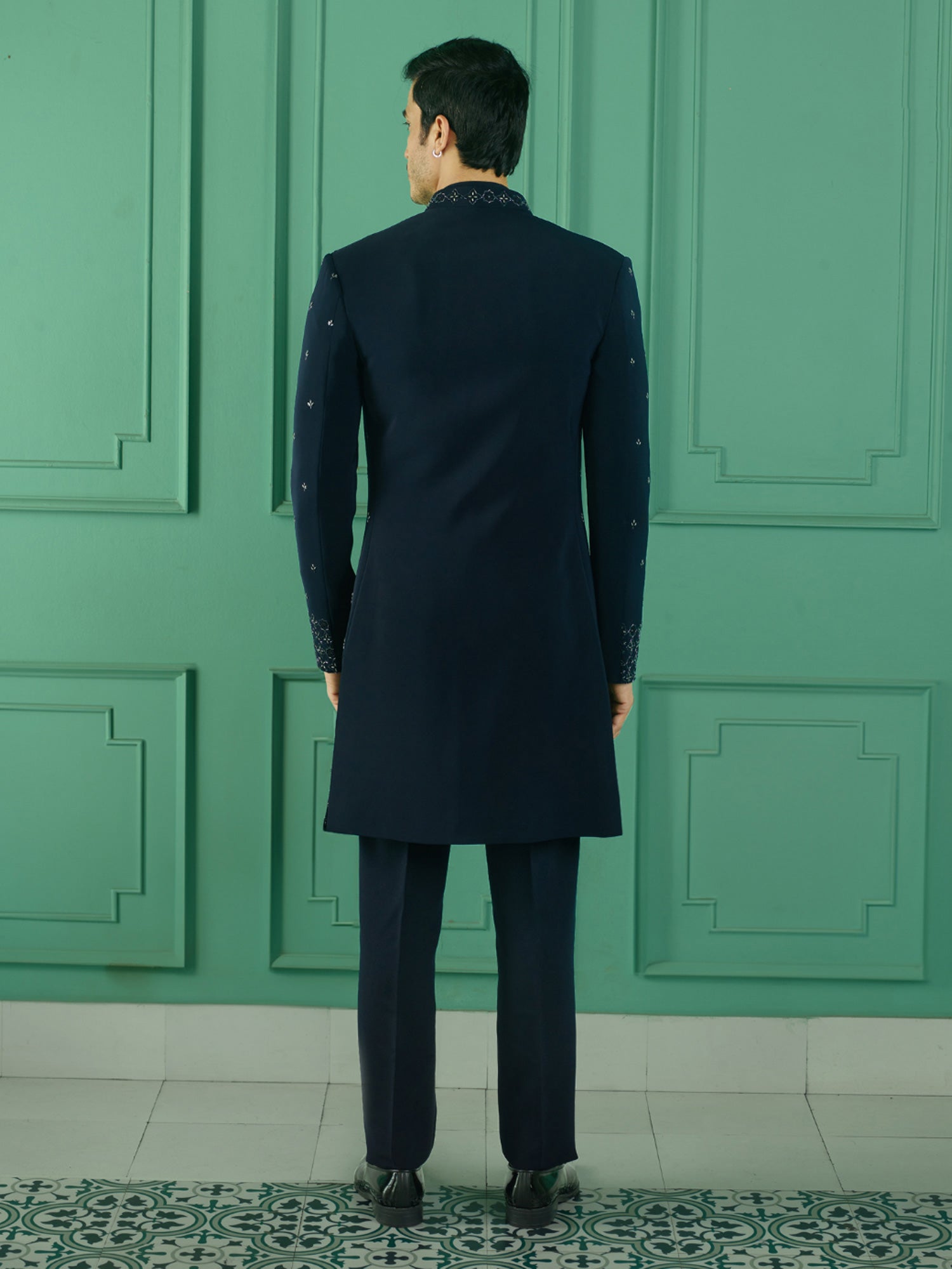 Navy Blue Thread Work Enhanced Mens Indowestern In Jacketed Style