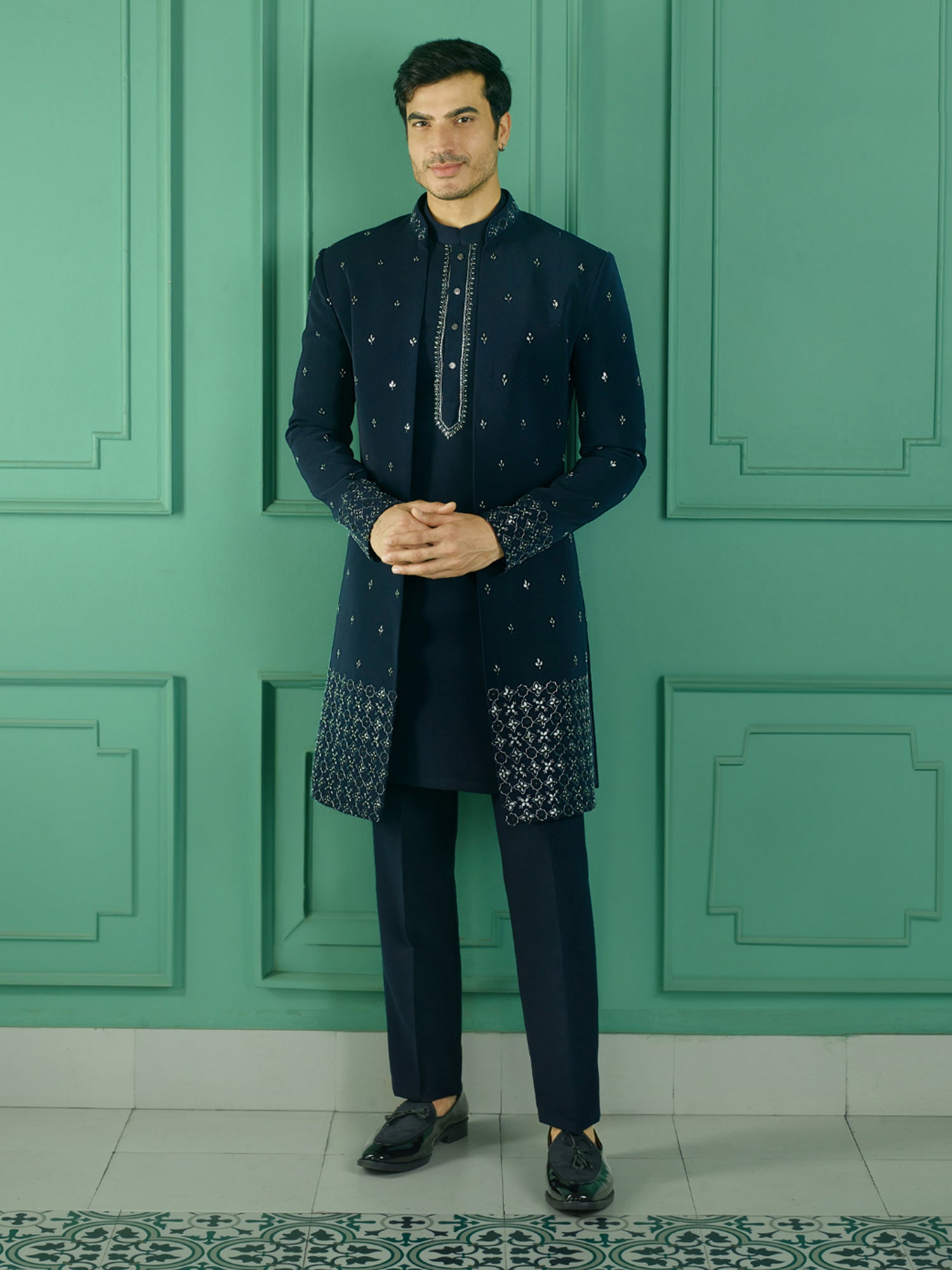 Navy Blue Thread Work Enhanced Mens Indowestern In Jacketed Style