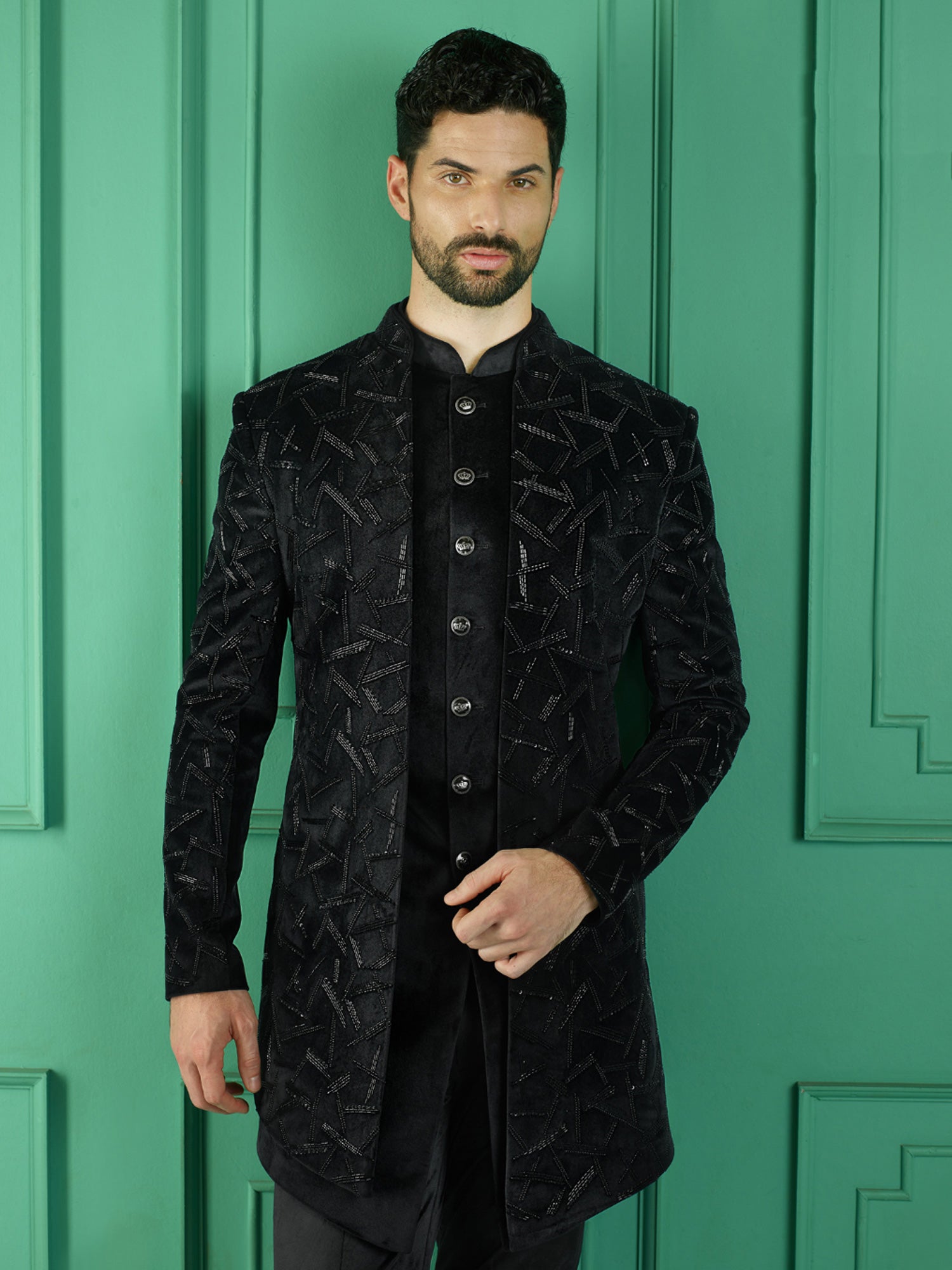 Black Unique Style Embroidered Indowestern Set For Mens In Velvet