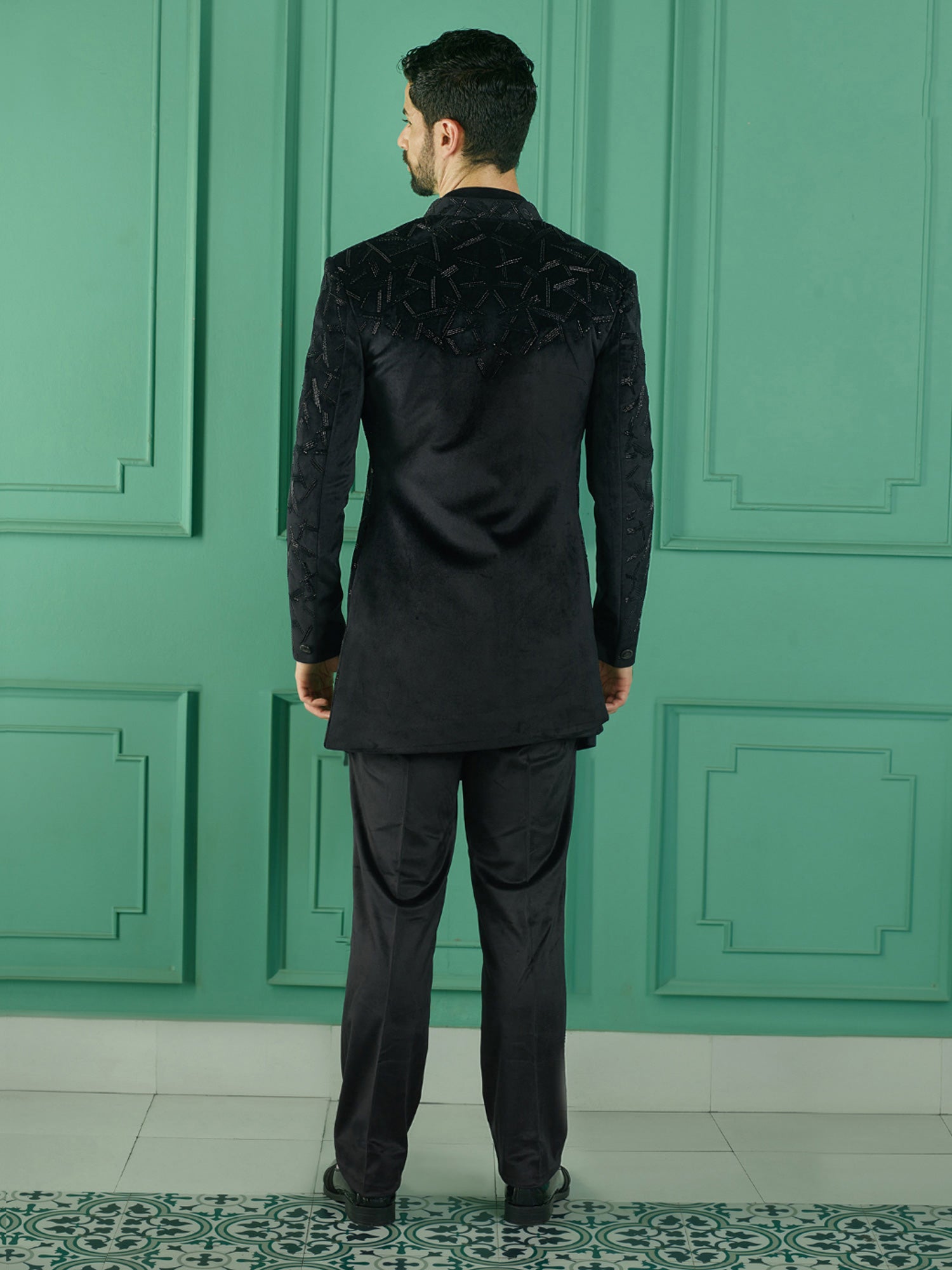 Black Unique Style Embroidered Indowestern Set For Mens In Velvet