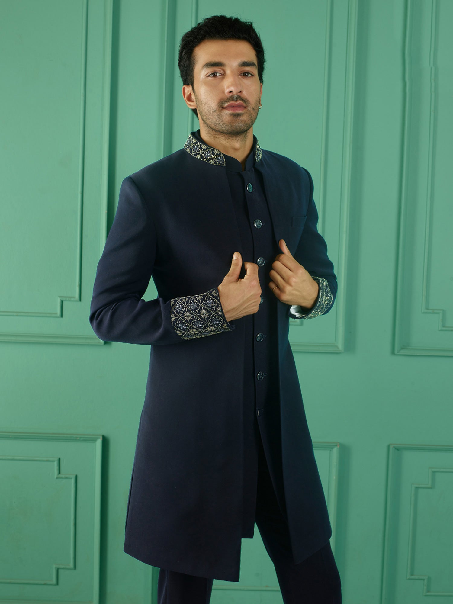 Blue Mens Jacketed Style Indowestern Set With Embroidered Stole