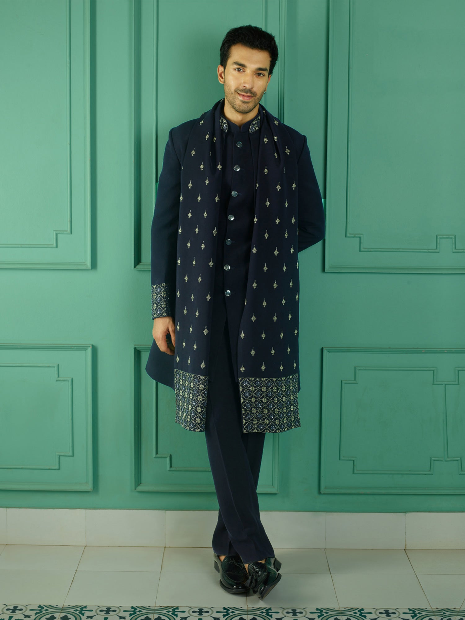 Blue Mens Jacketed Style Indowestern Set With Embroidered Stole