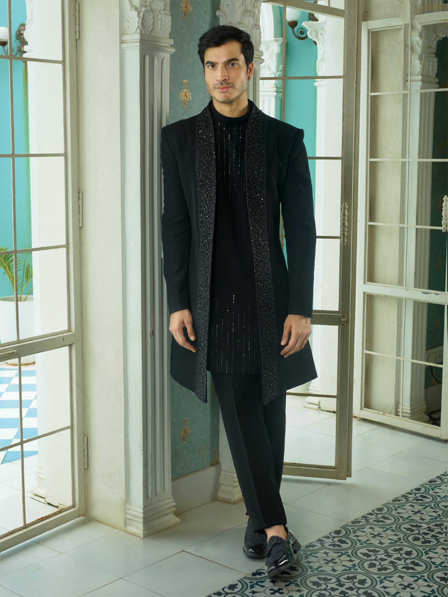 Black Stone Embroidered Mens Indowestern Set With Open Jacket In Silk