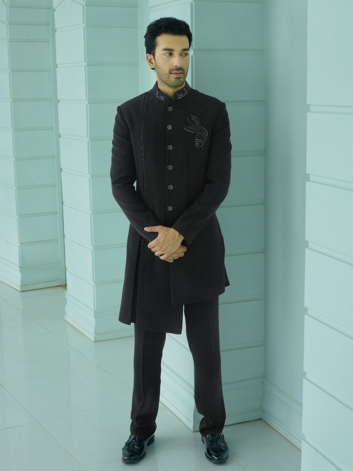 Black Asymmetric Pattern Stylish Mens Indowestern Set In Stone Work
