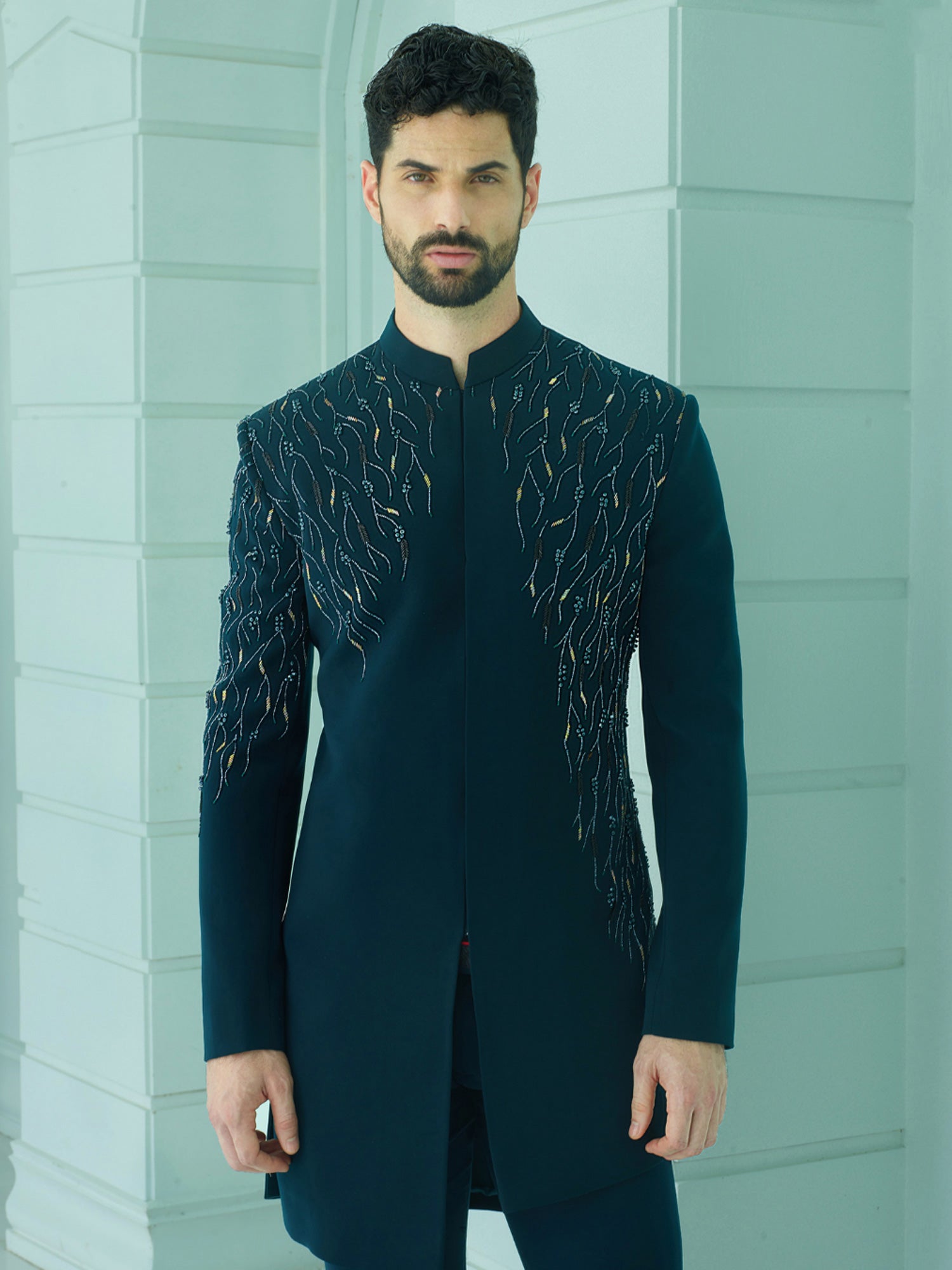Teal Green Beads Embellished Heavy Embroidered Mens Indowestern Set