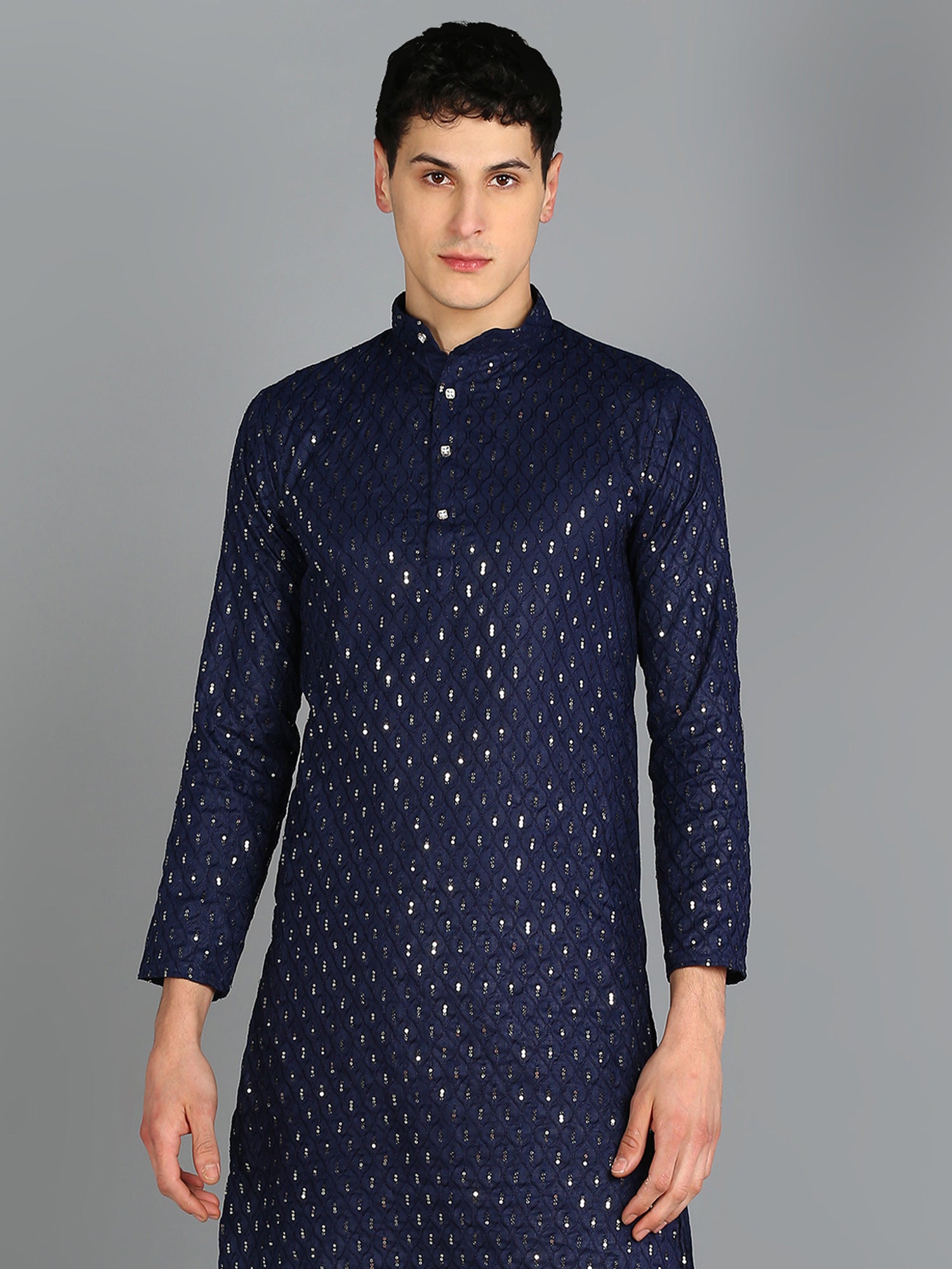 Blue Cotton Kurta Pyjama Set For Mens In Sequins Embroidered