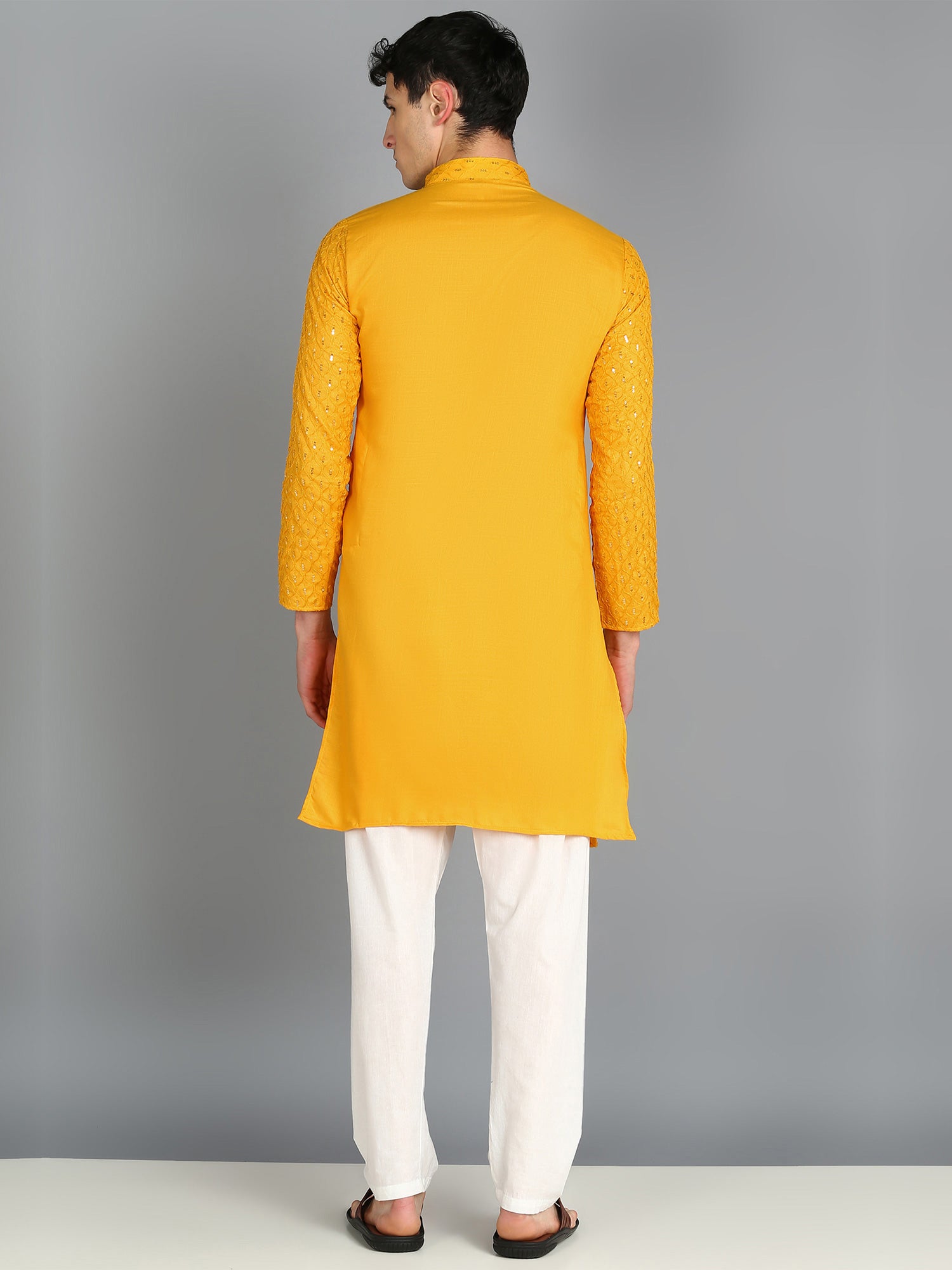 Yellow Sequins Embellished Readymade Kurta Pyjama In Cotton