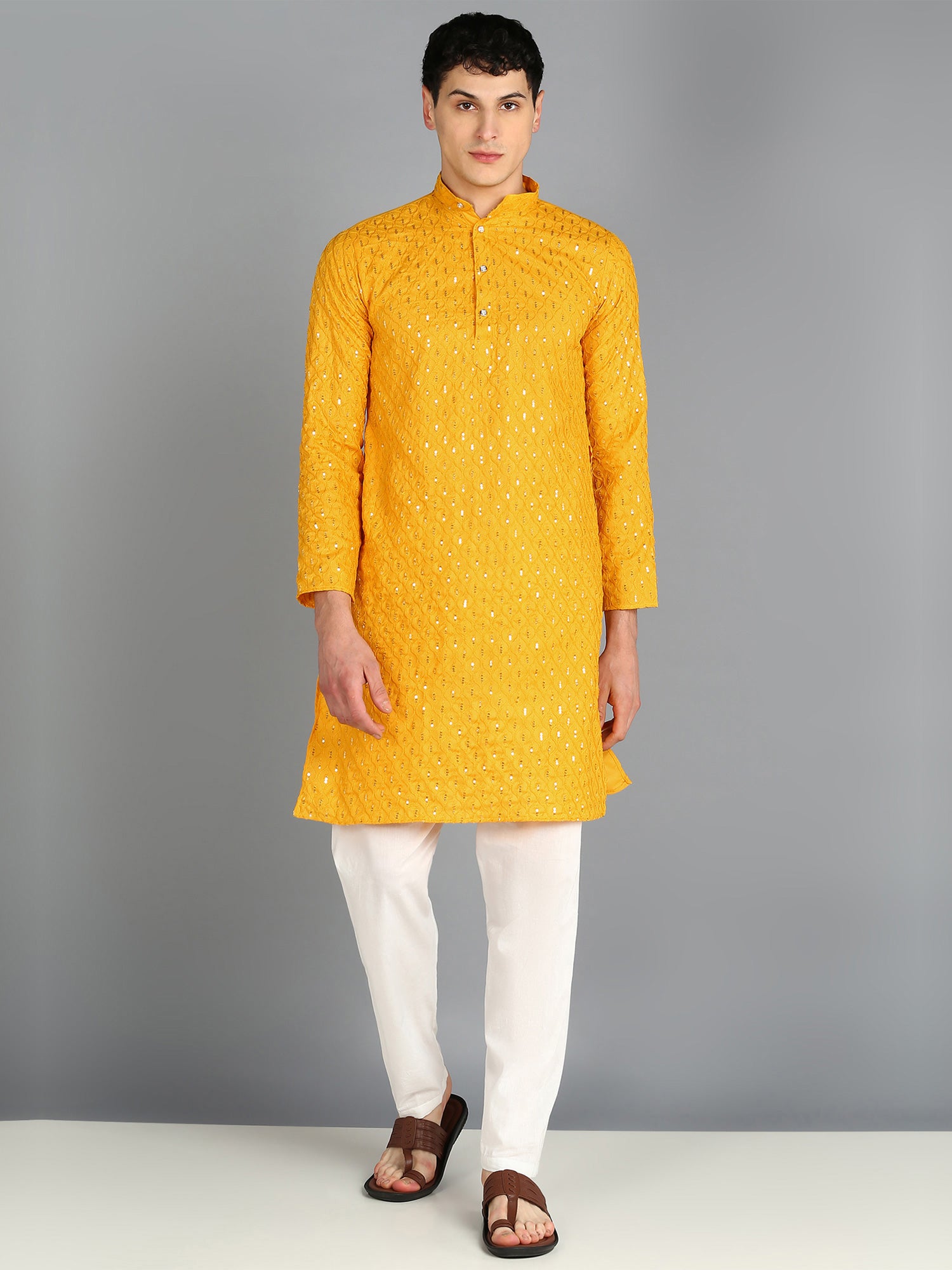Yellow Sequins Embellished Readymade Kurta Pyjama In Cotton