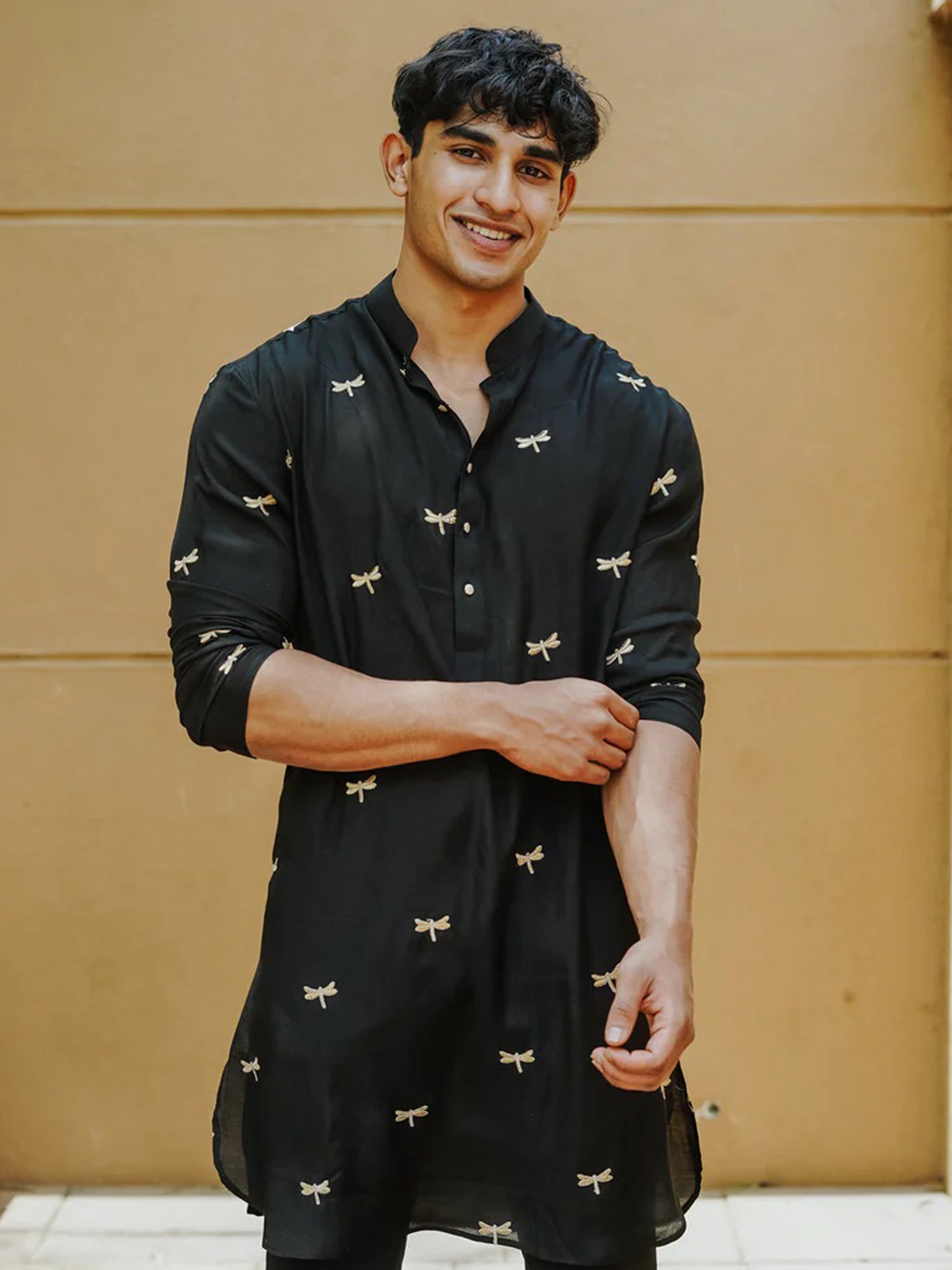 Black Mens Readymade Festive Kurta Set With Pyjama