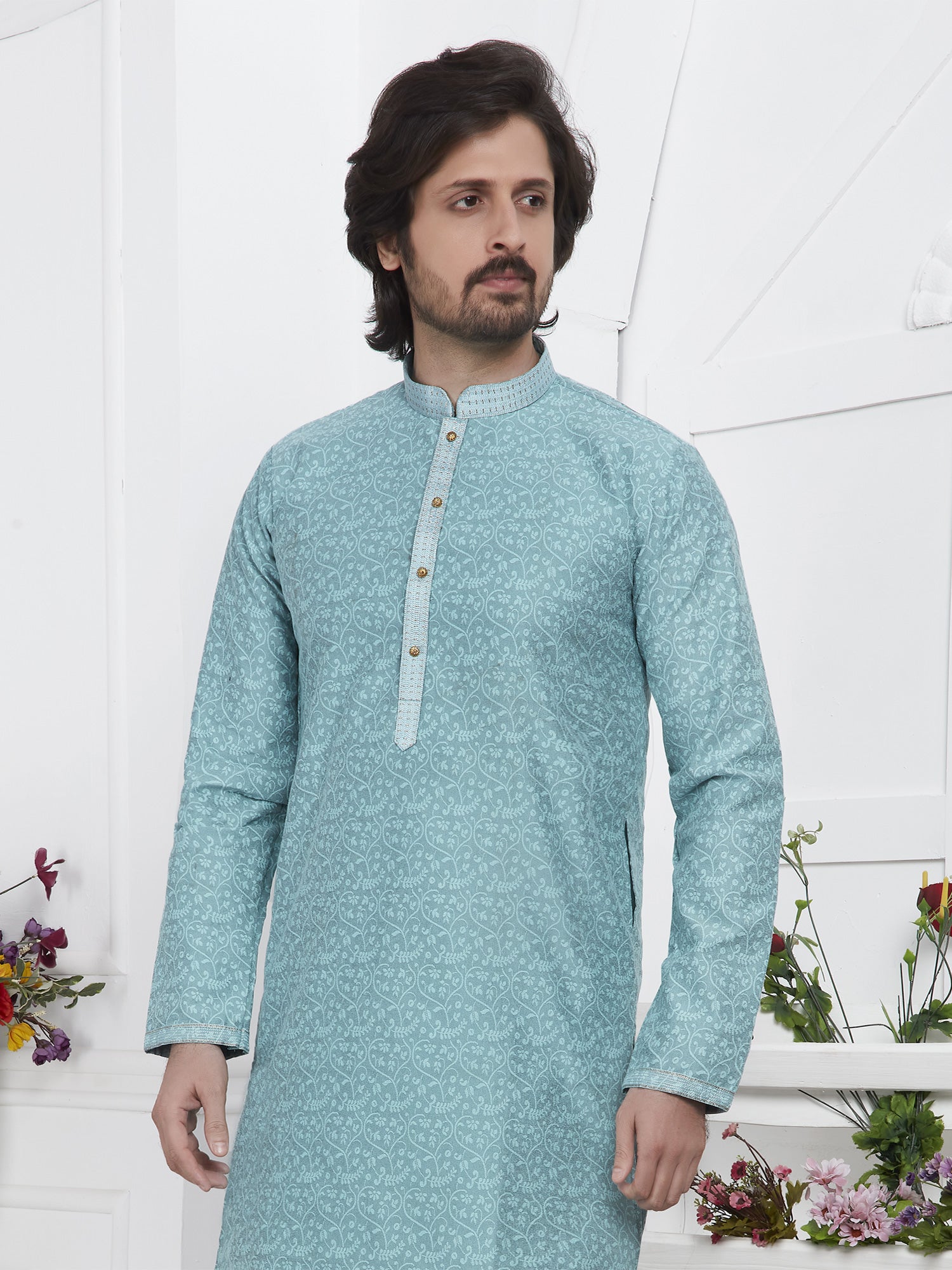 Light Blue Readymade Kurta Pyjama Set In Jacquard Silk