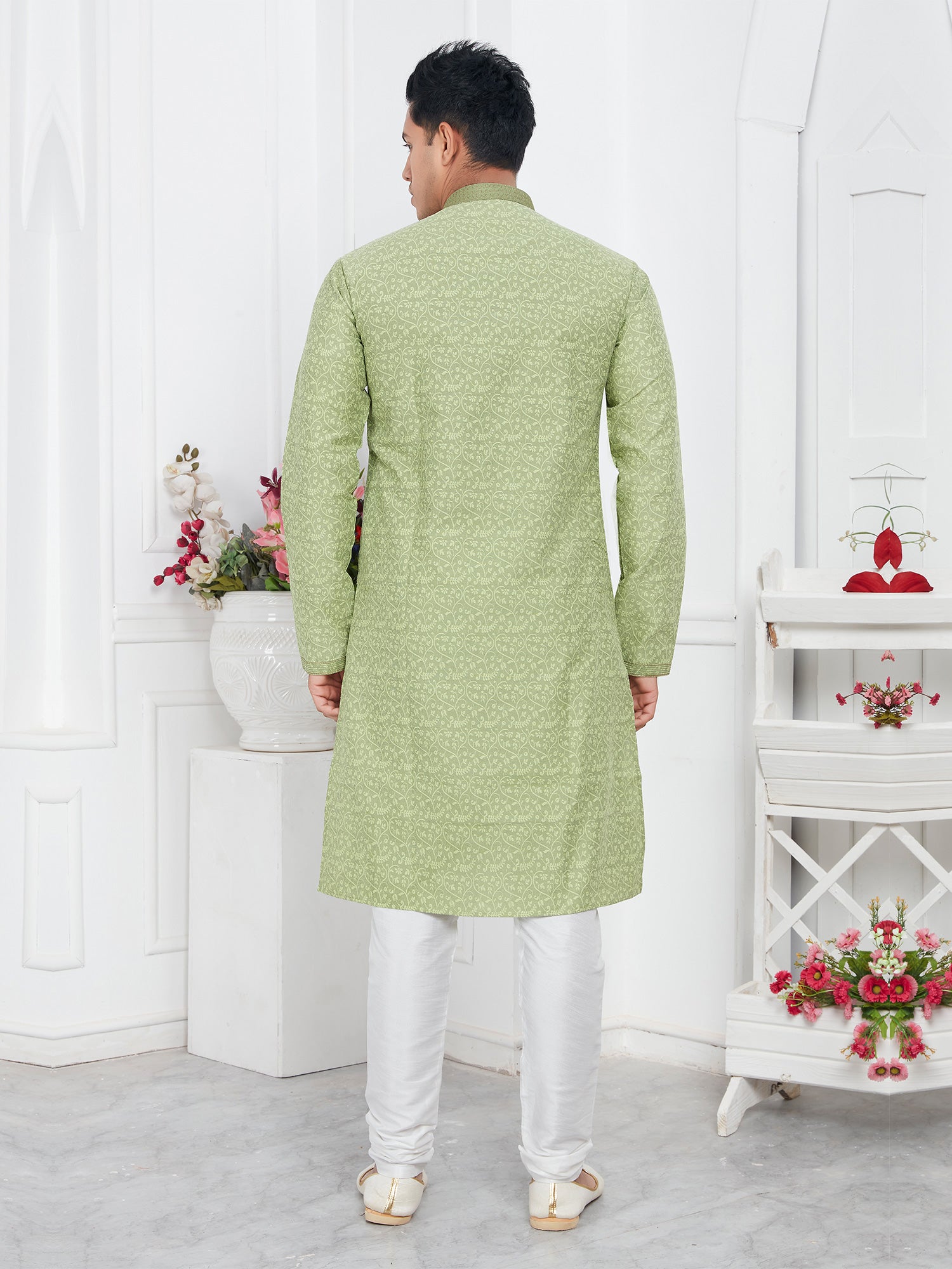 Olive Green Readymade Mens Kurta Pyjama Set In Jacquard