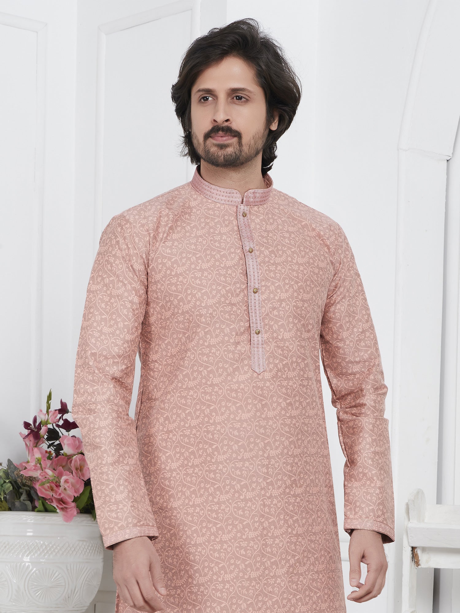 Rose Pink Mens Kurta Pyjama Set In Jacquard Silk