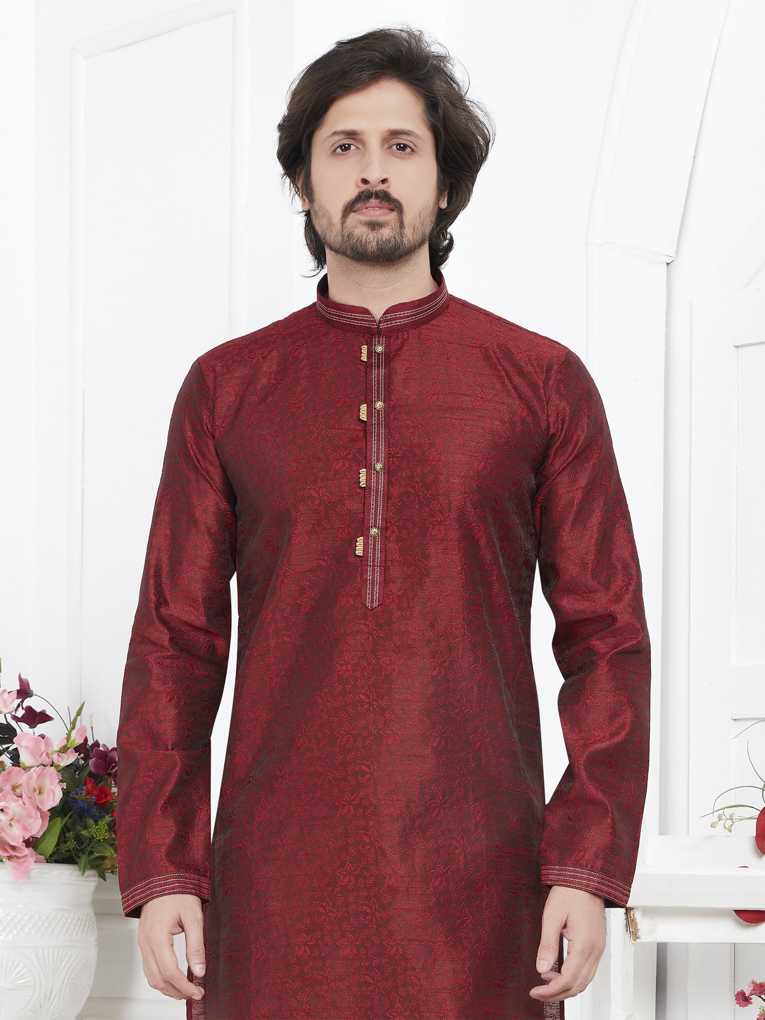 Cherry Red Mens Kurta Pyjama Set In Jacquard Silk