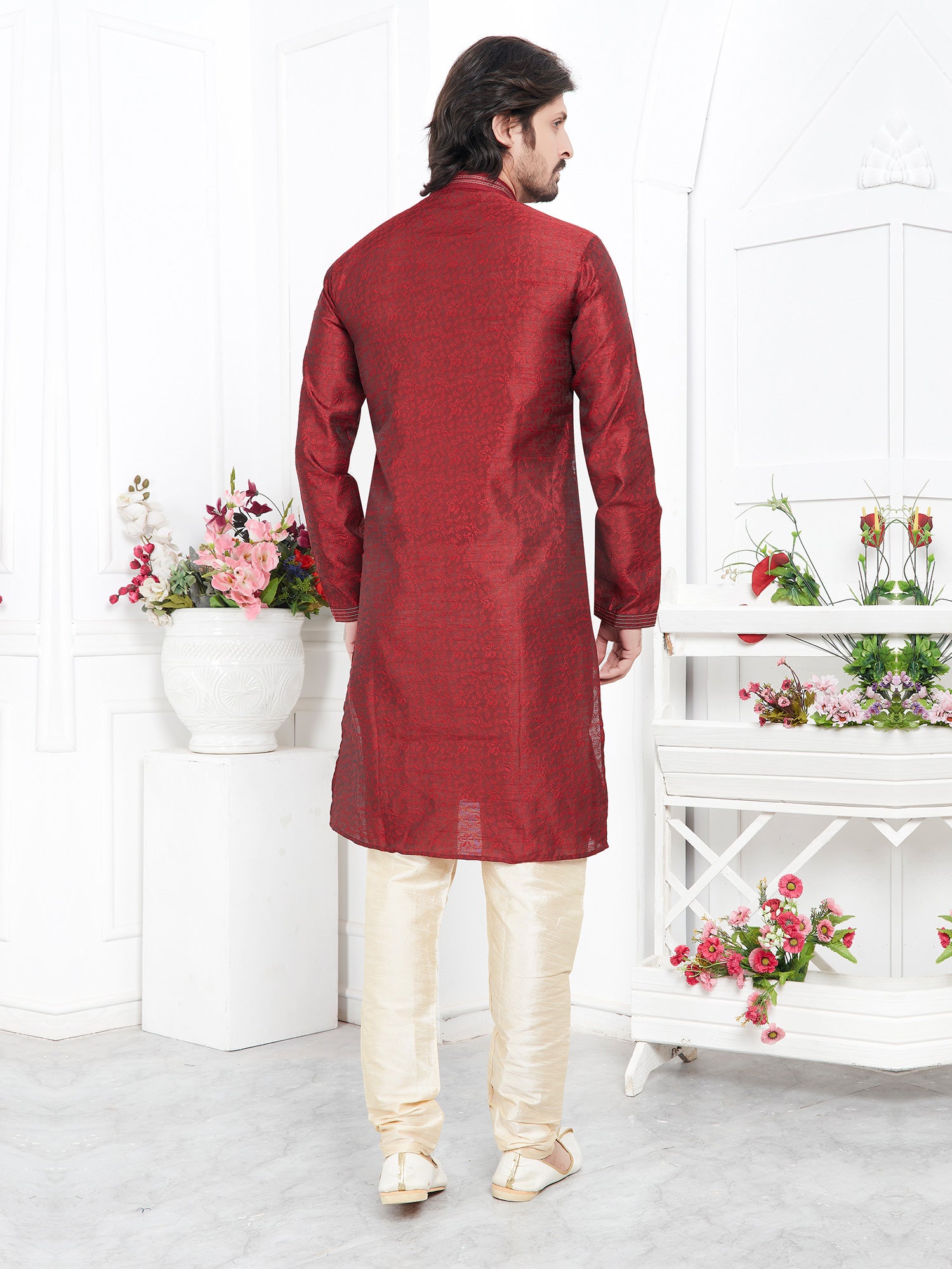 Cherry Red Mens Kurta Pyjama Set In Jacquard Silk