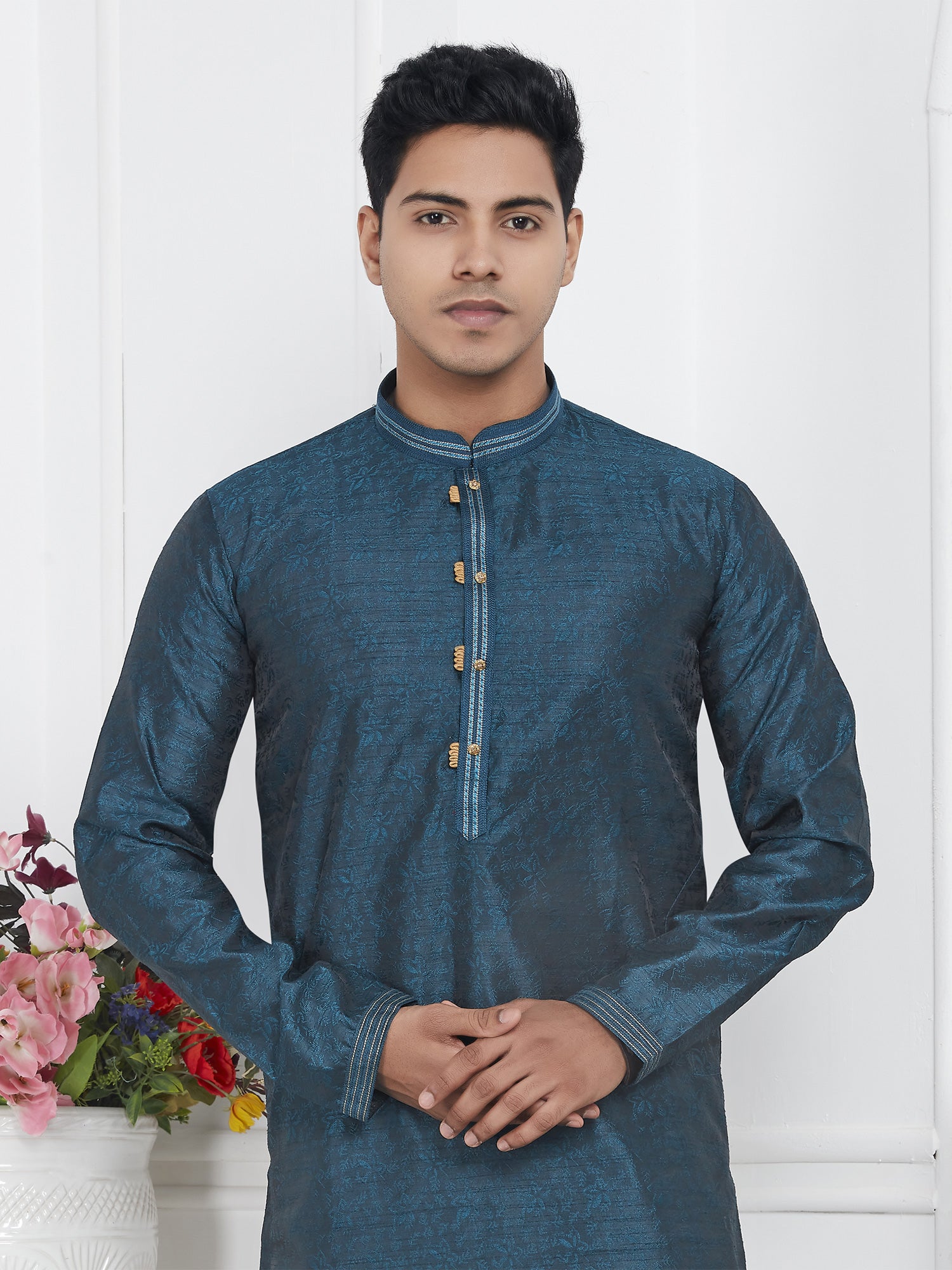 Deep Blue Festive Wear Kurta Set With Pyjama In Jacquard Silk