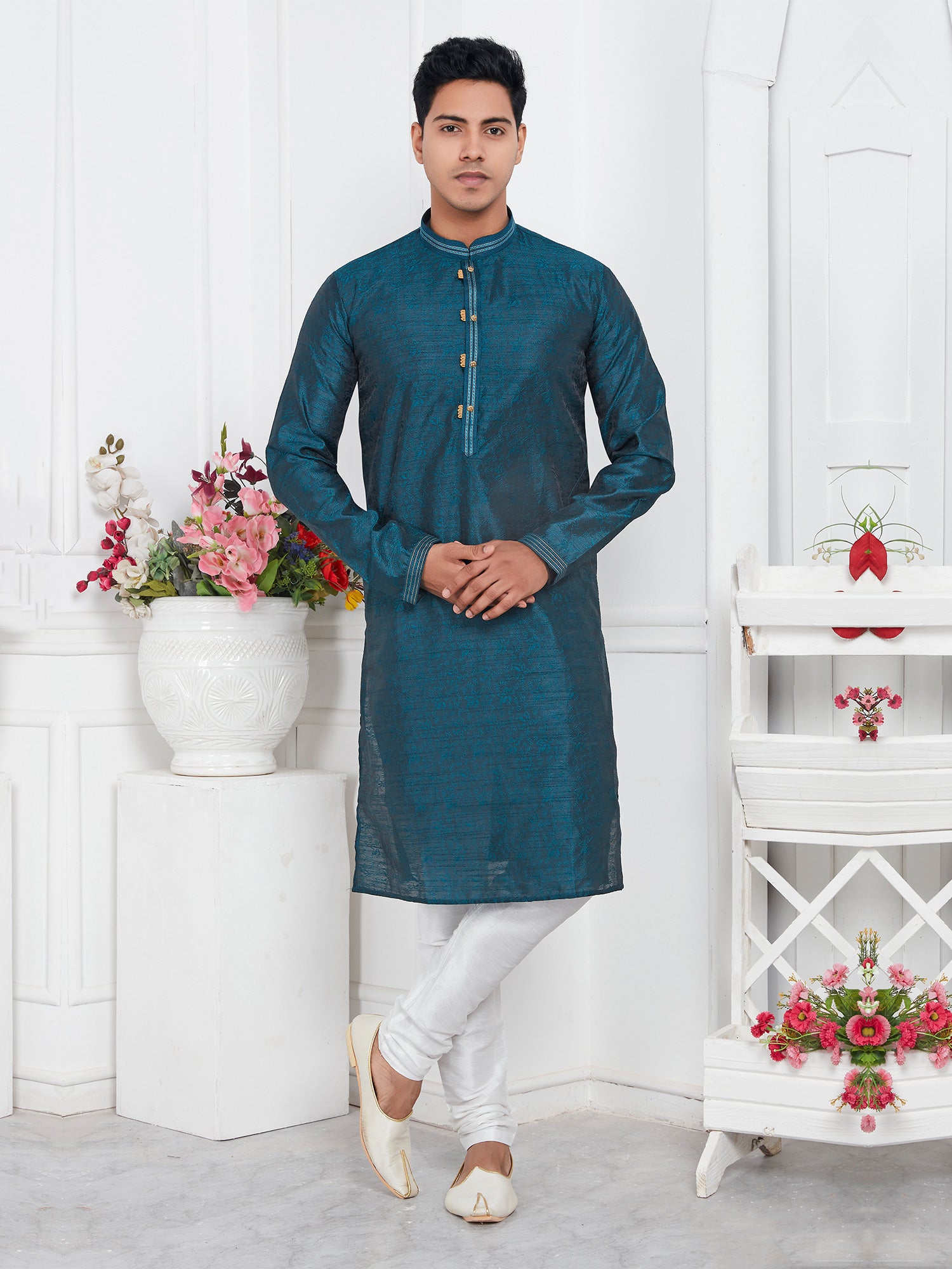Deep Blue Festive Wear Kurta Set With Pyjama In Jacquard Silk