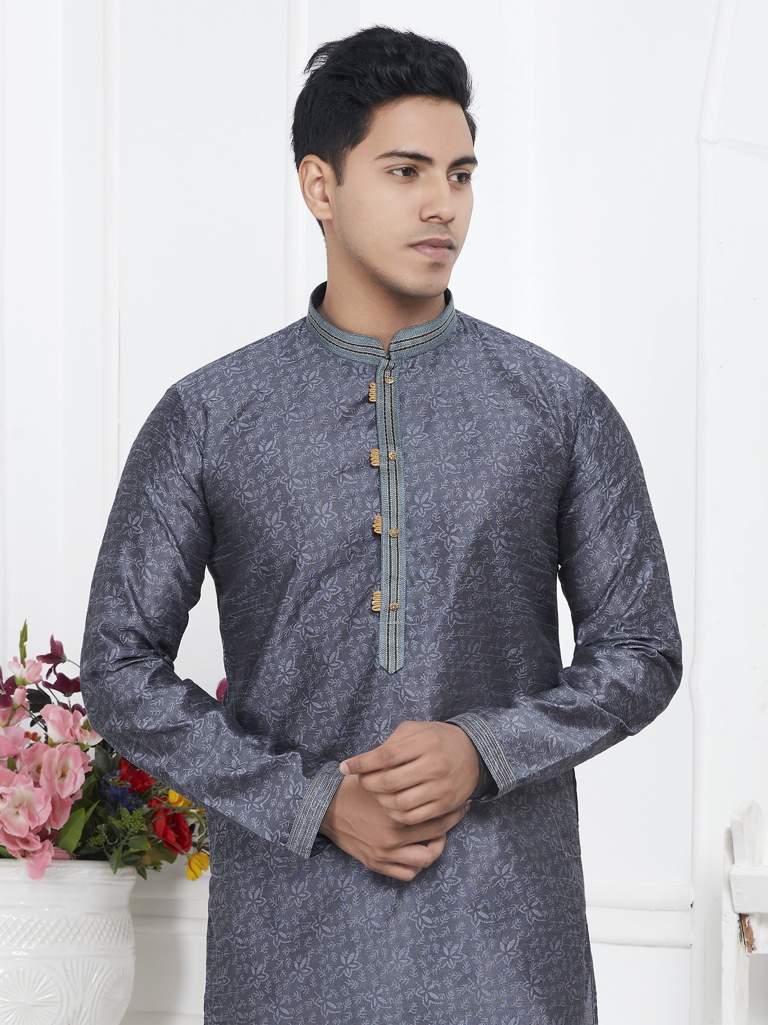 Dark Grey Self Pattern Casual Wear Mens Kurta Pyjama Set