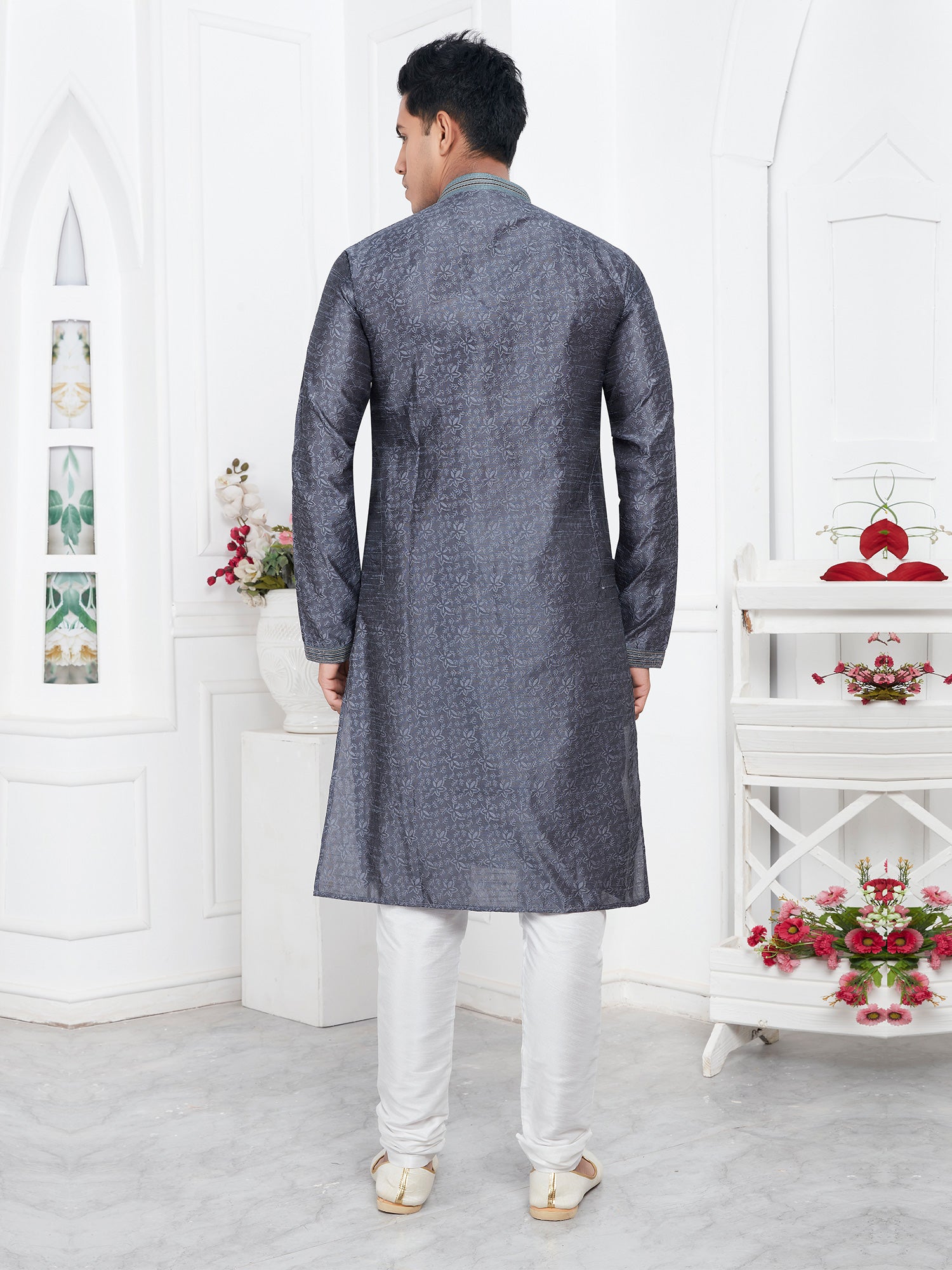 Dark Grey Self Pattern Casual Wear Mens Kurta Pyjama Set