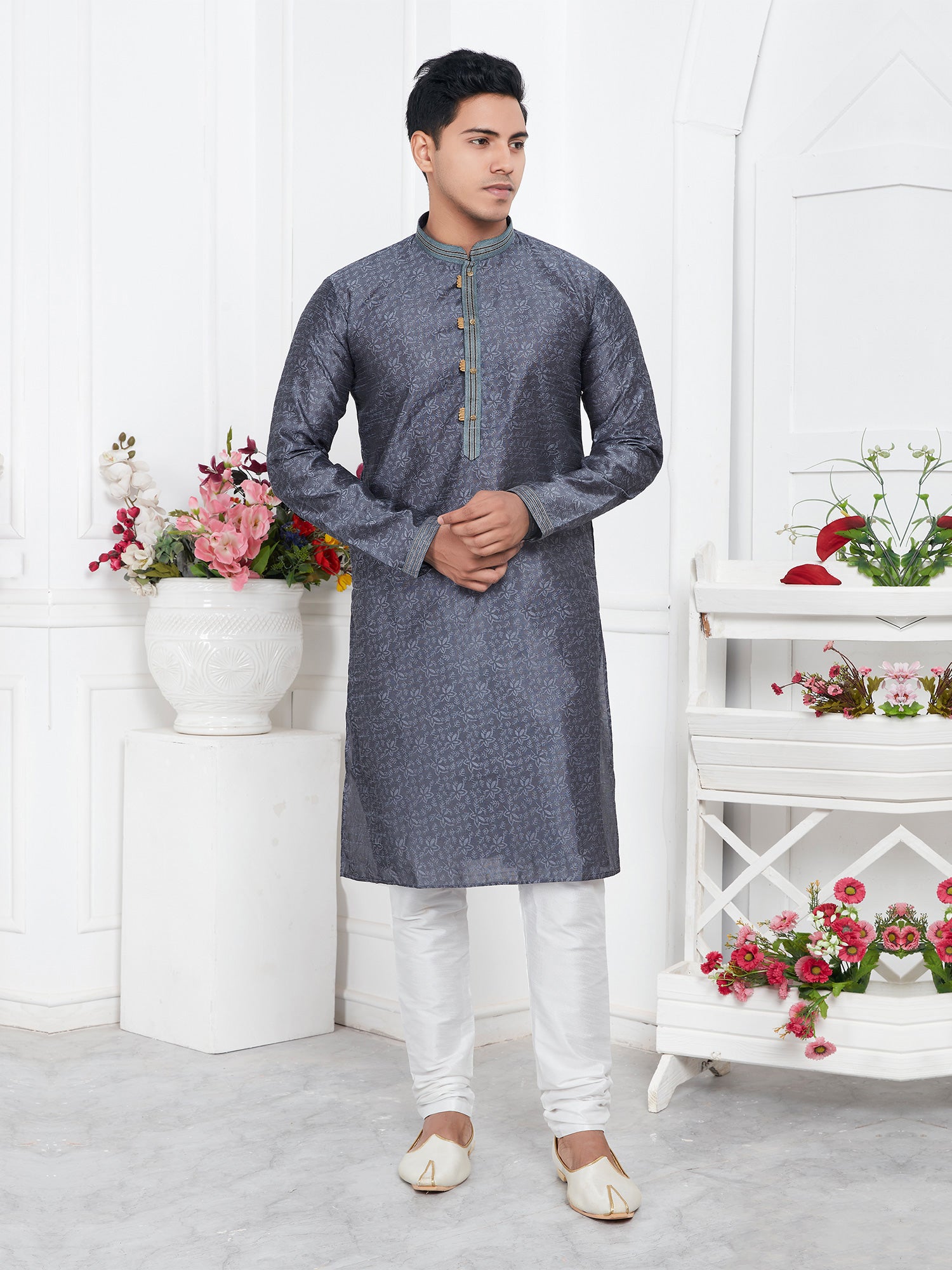 Dark Grey Self Pattern Casual Wear Mens Kurta Pyjama Set