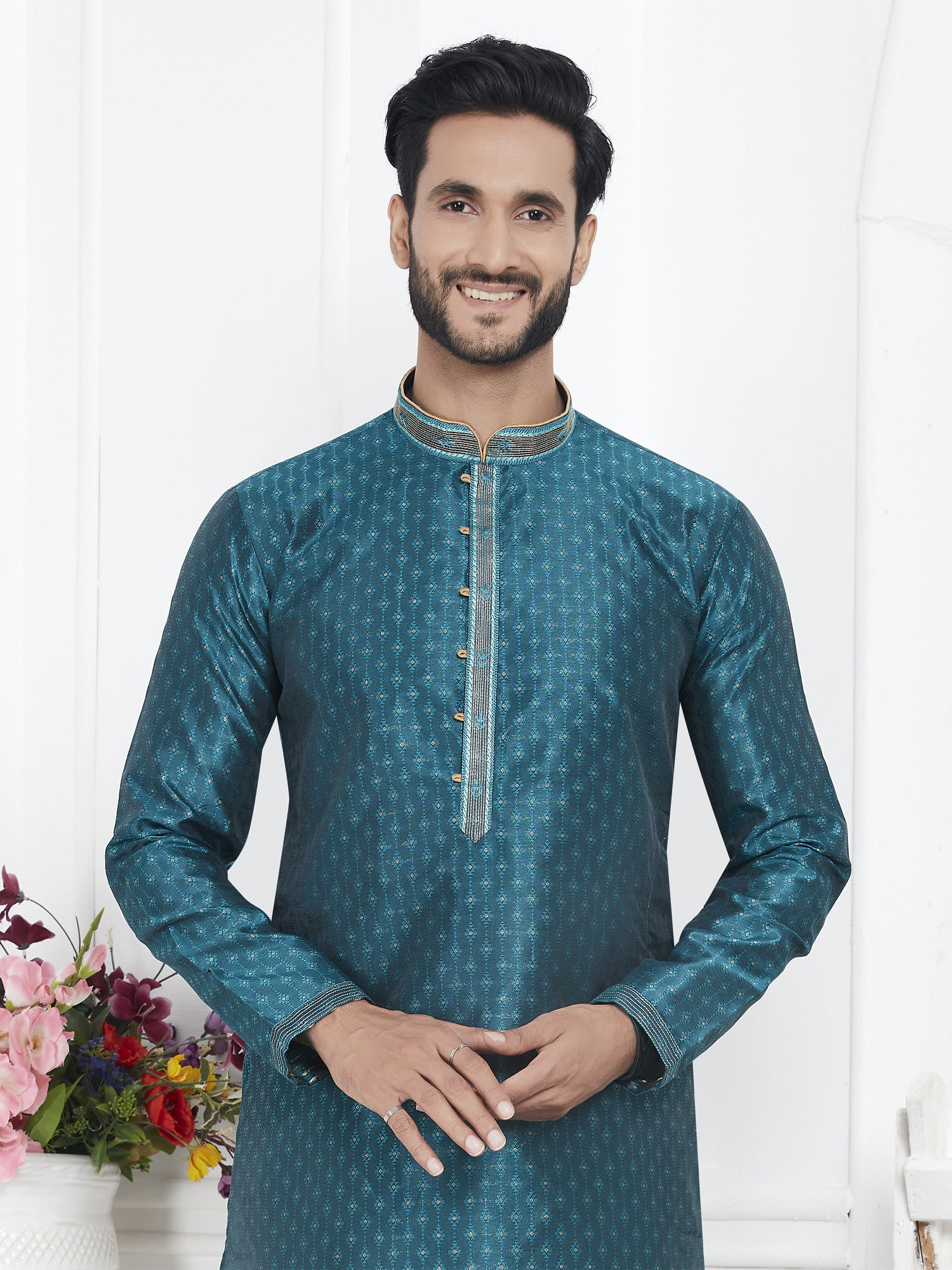 Teal Blue Festive Wear Kurta Pyjama Set For Mens