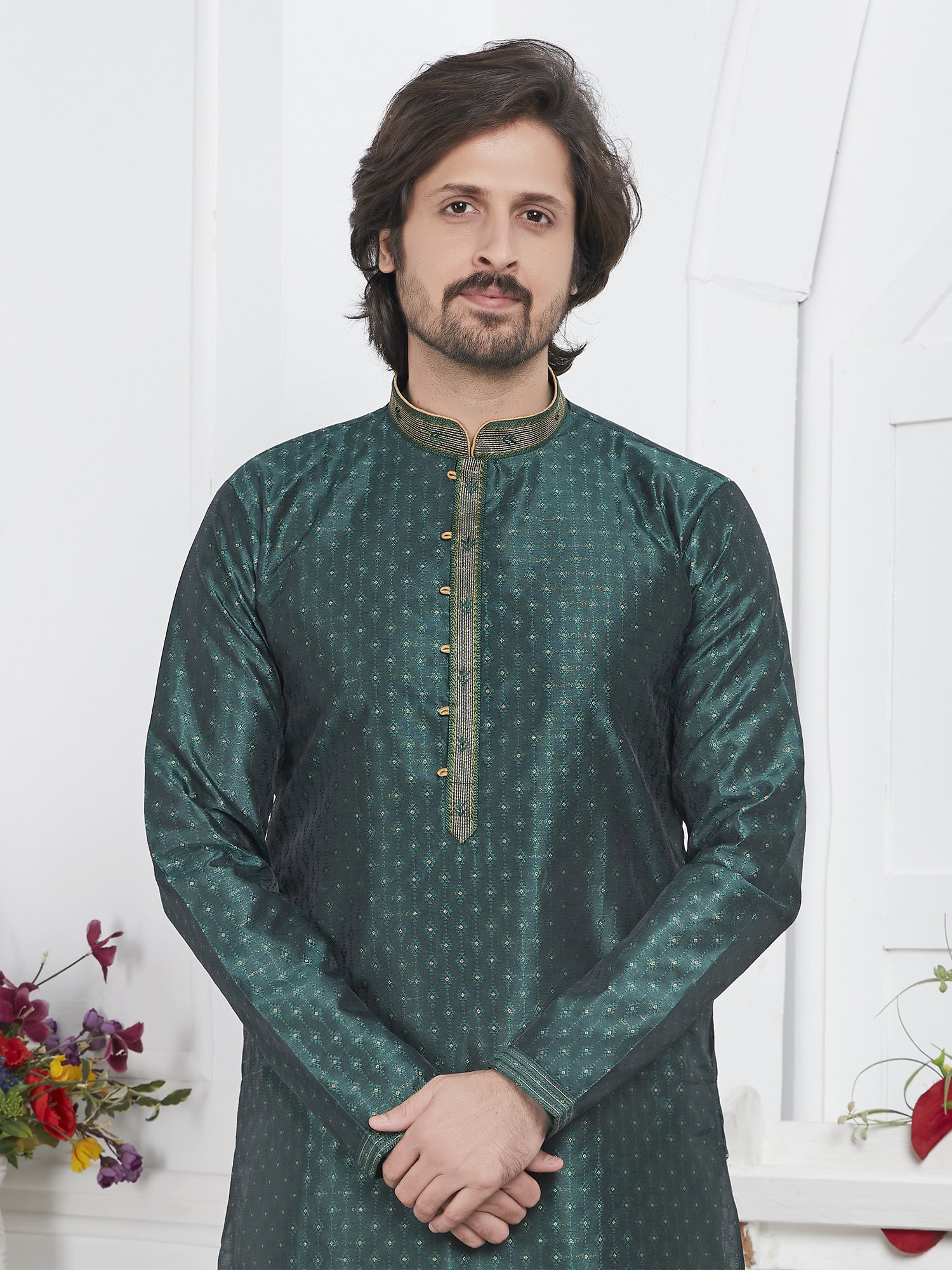 Rama Green Mens Festive Wear Kurta Pyjama Set