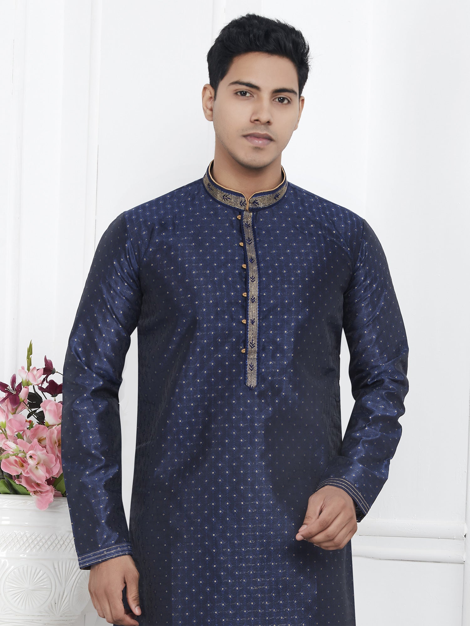 Midnight Blue Festive Men Kurta Set With Pyjama In Jacquard Silk