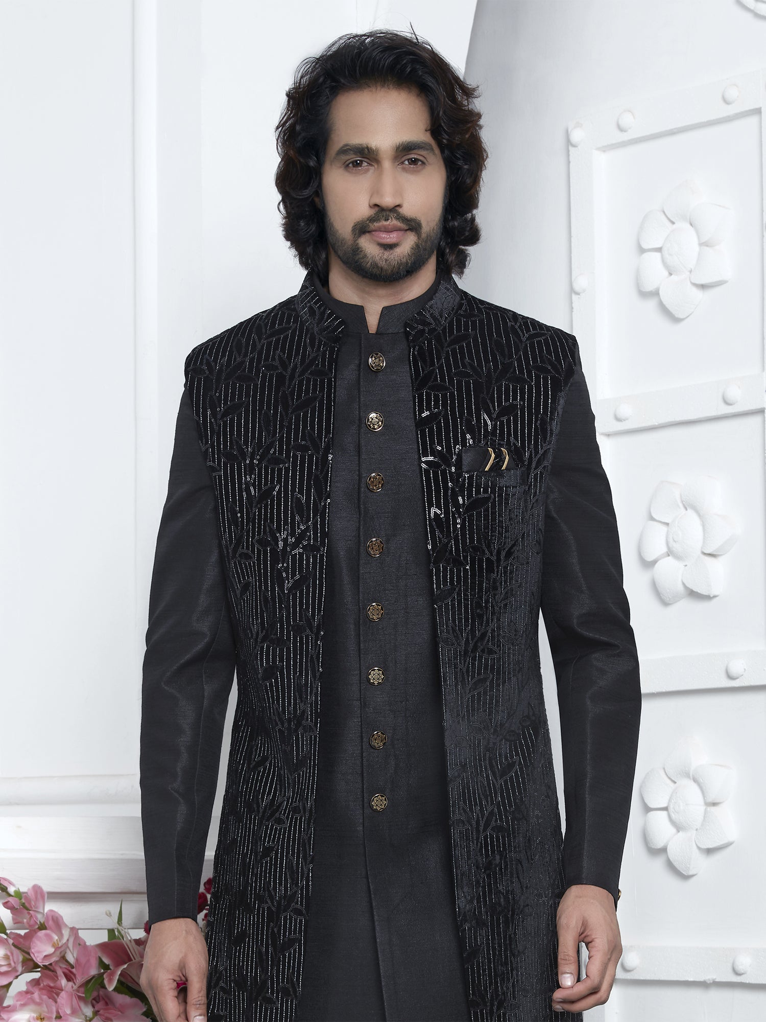 Black Layered Pattern Mens Indowestern Set