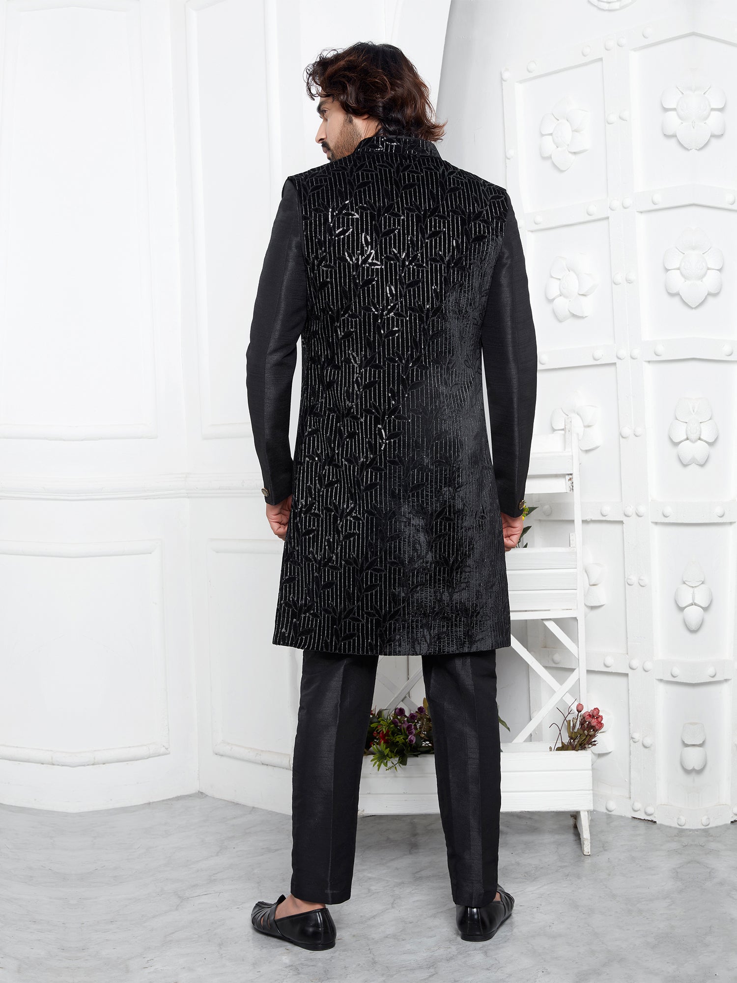 Black Layered Pattern Mens Indowestern Set
