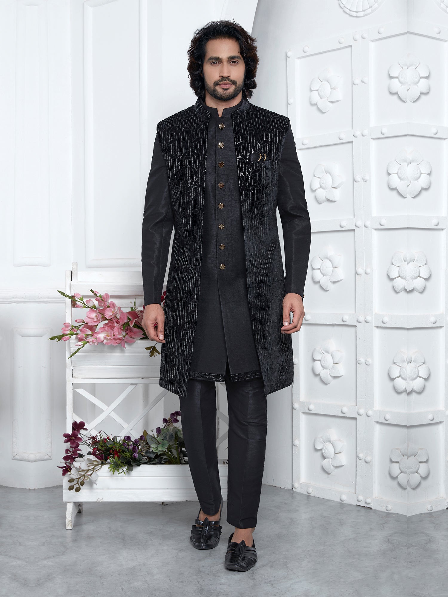 Black Layered Pattern Mens Indowestern Set