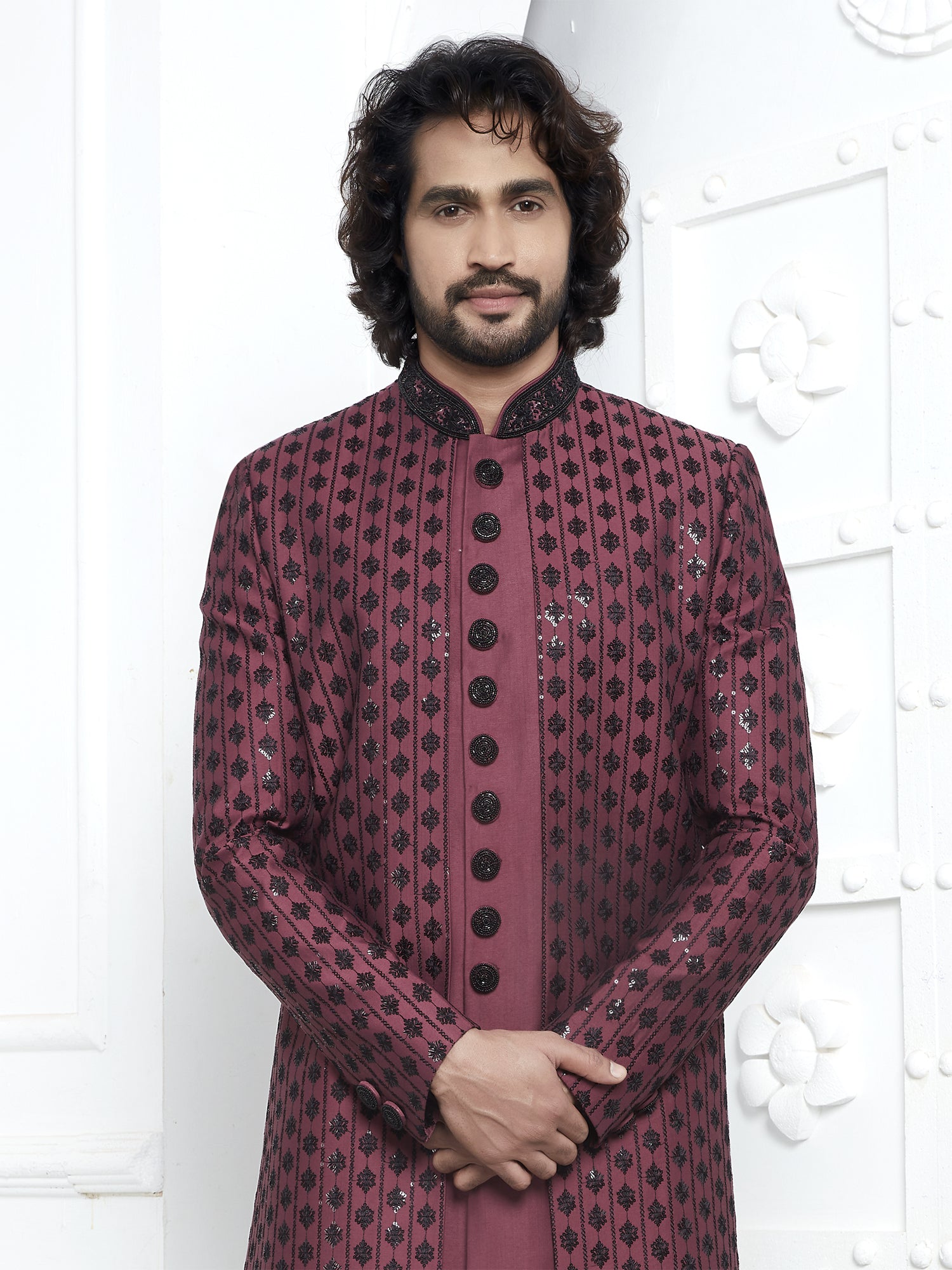 Dark Rose Pink Mens Embroidered Indowestern For Mens