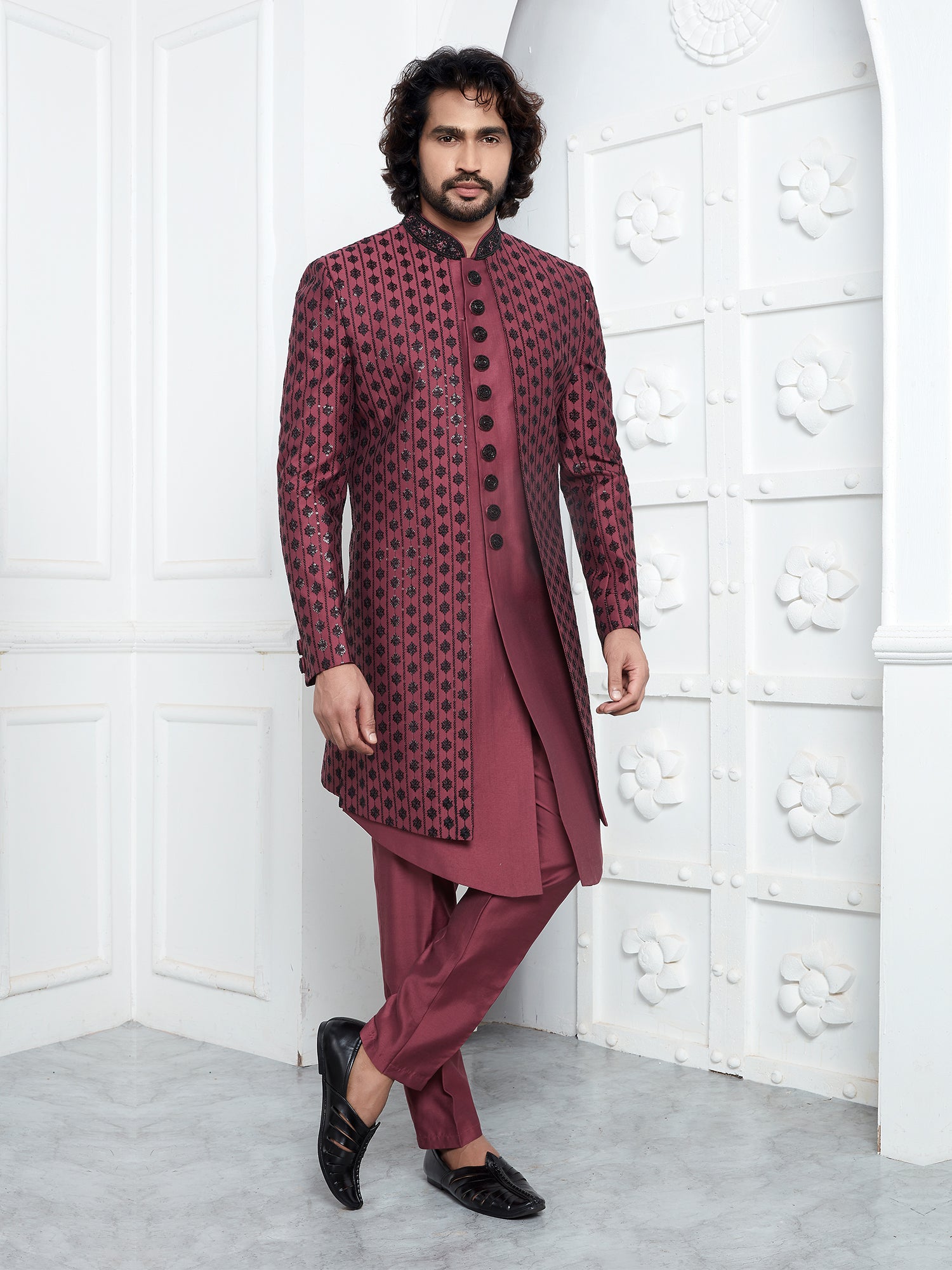Dark Rose Pink Mens Embroidered Indowestern For Mens