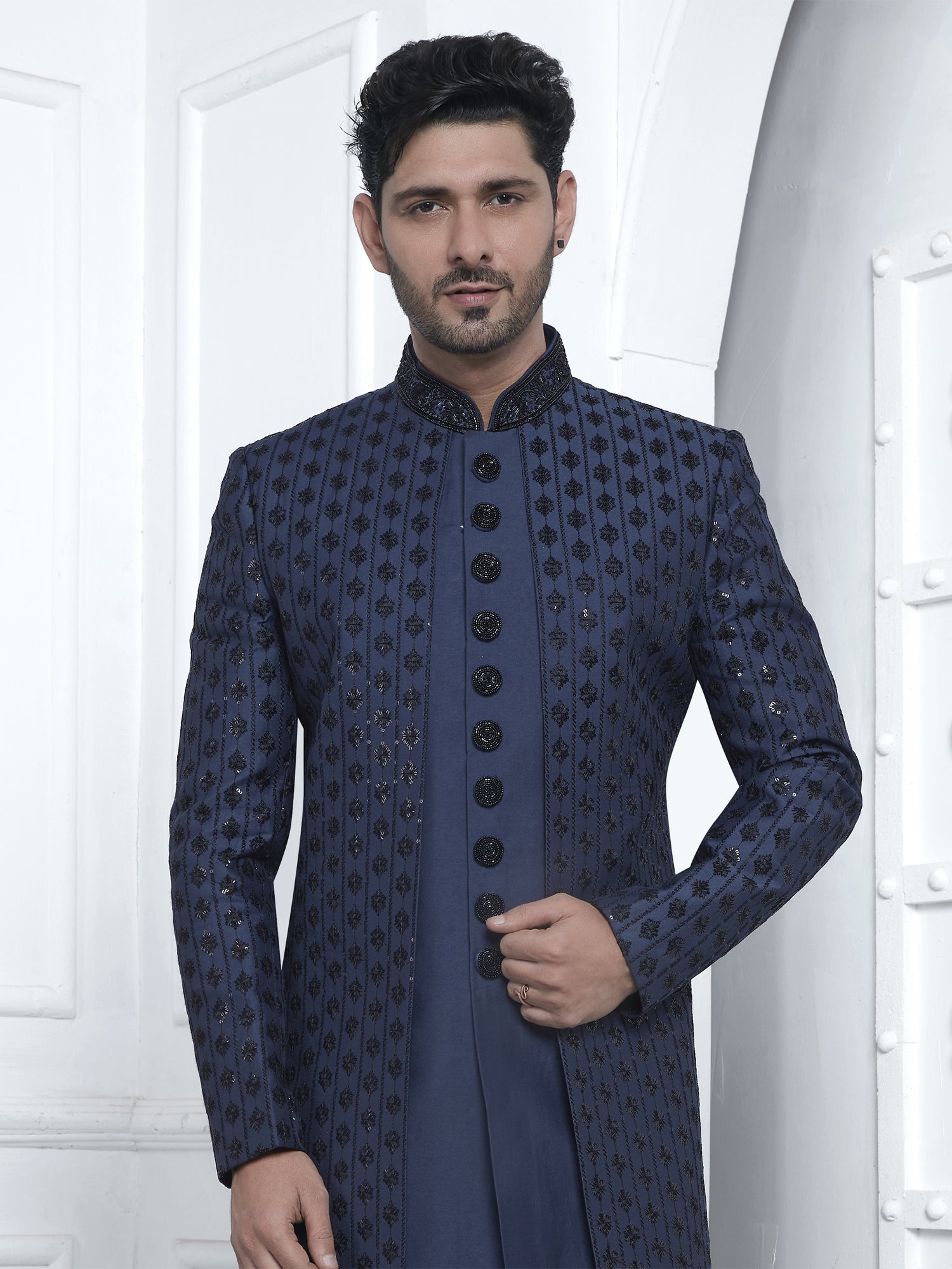 Navy Blue Layered Embroidered Indowestern Set In Silk