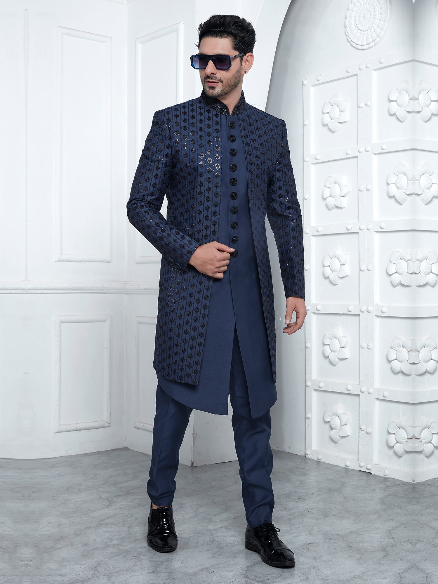 Navy Blue Layered Embroidered Indowestern Set In Silk