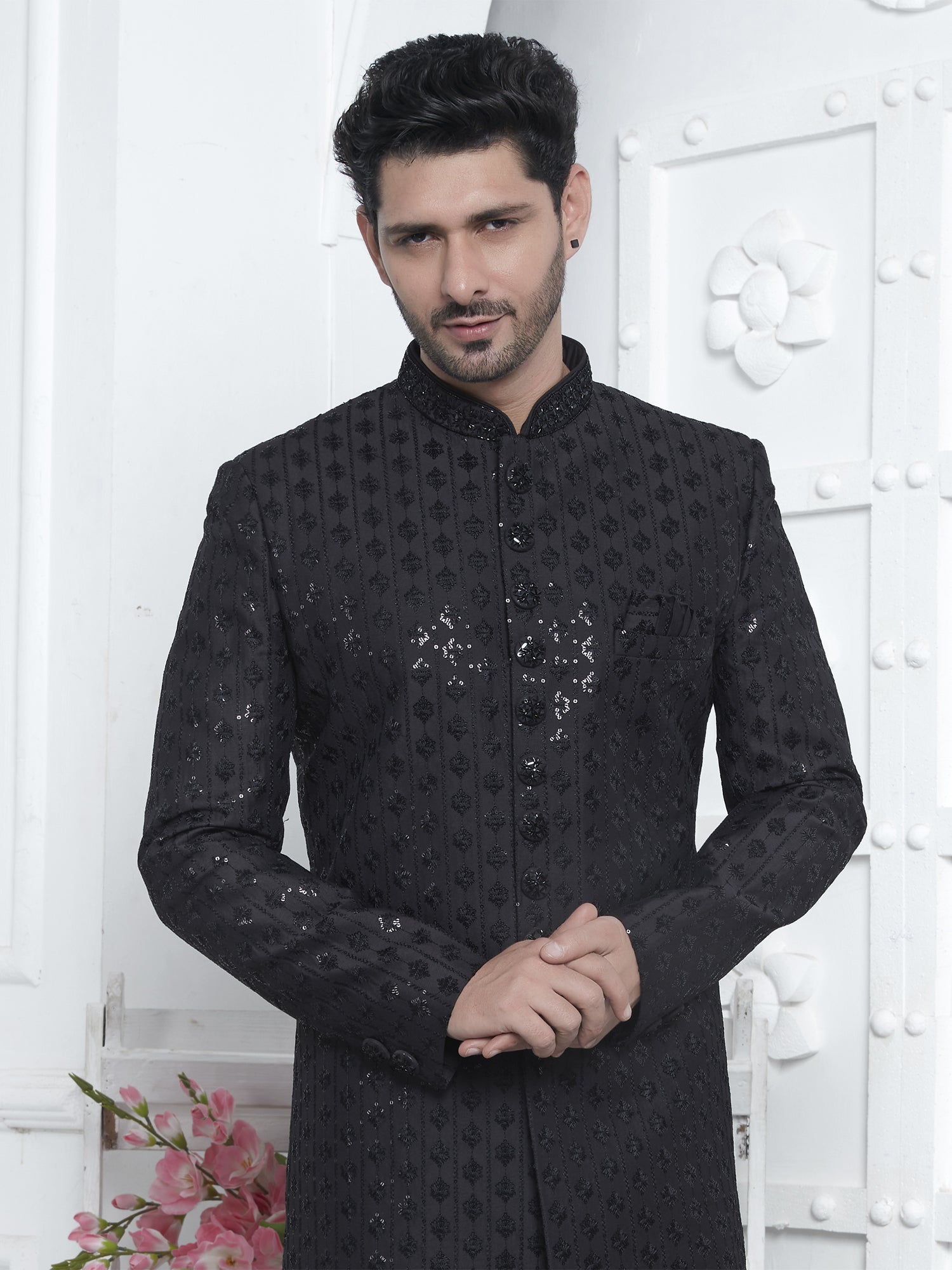 Black Silk Embroidered Mens Indowestern Set