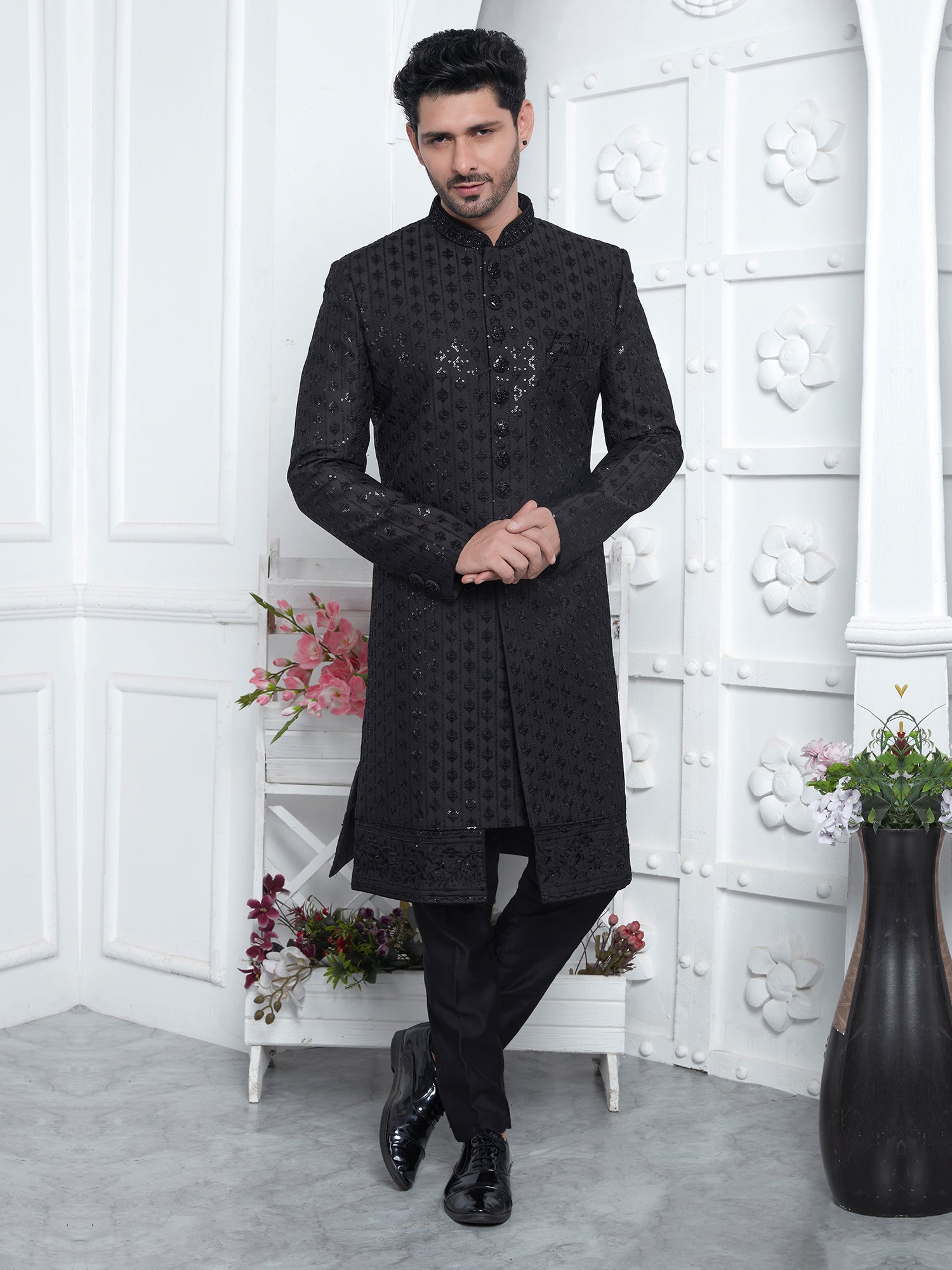 Black Silk Embroidered Mens Indowestern Set