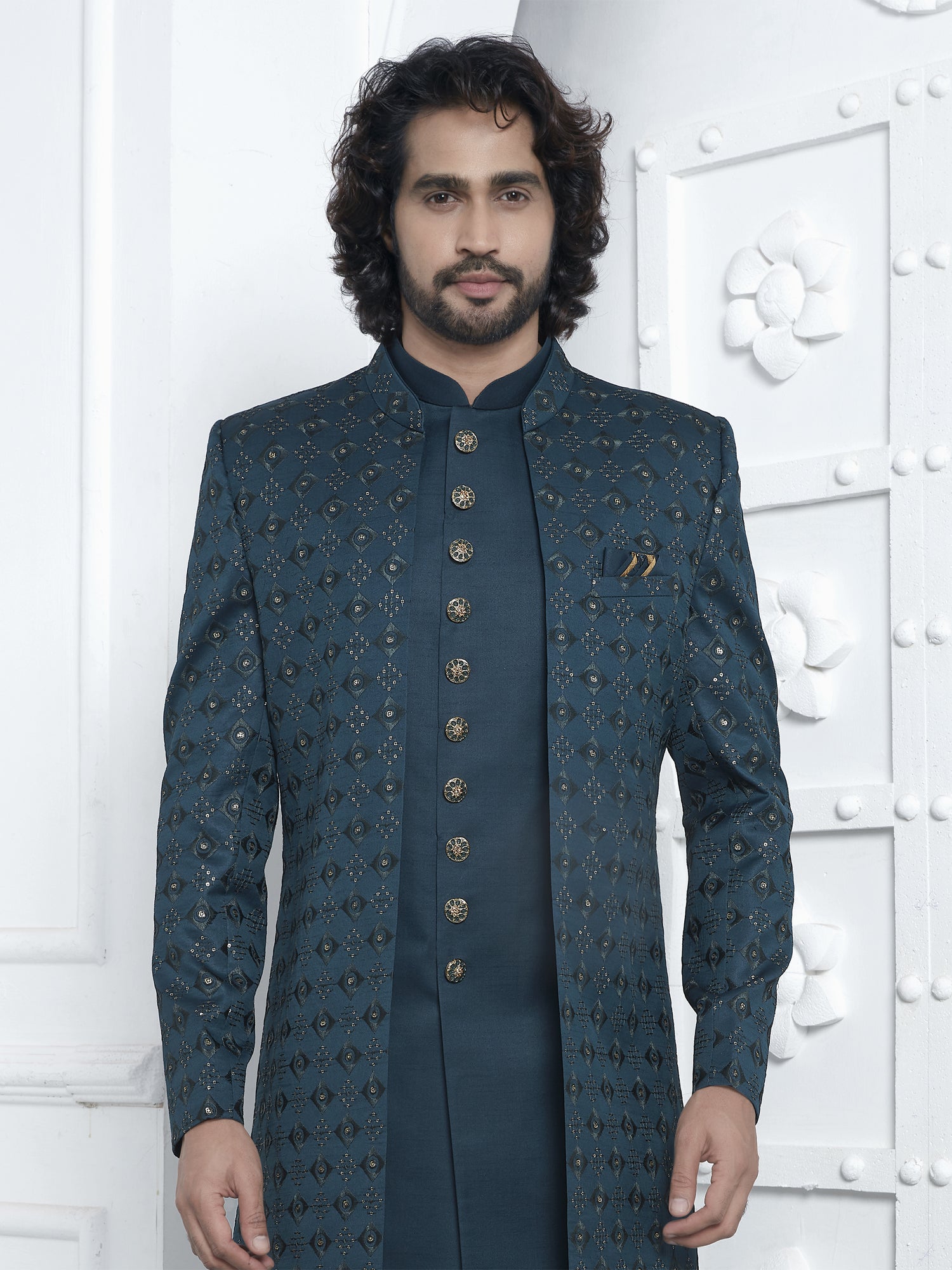 Teal Blue Silk Embroidered Mens Layered Indowestern
