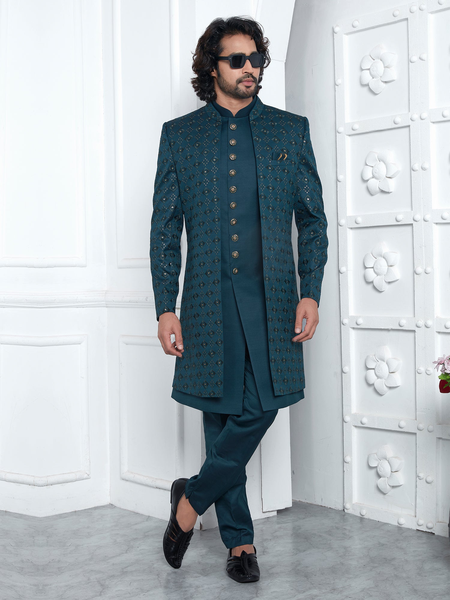 Teal Blue Silk Embroidered Mens Layered Indowestern