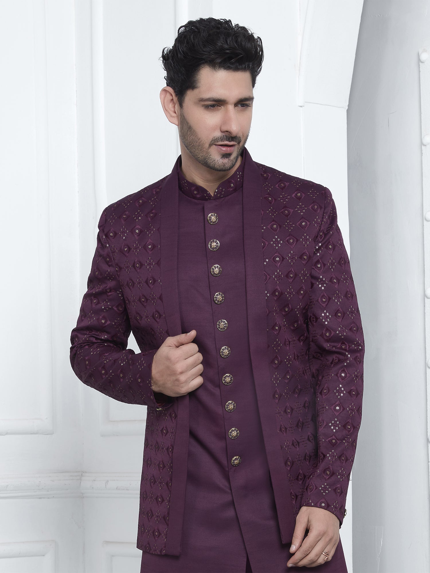 Wine Jacketed Mens Indowestern In Silk